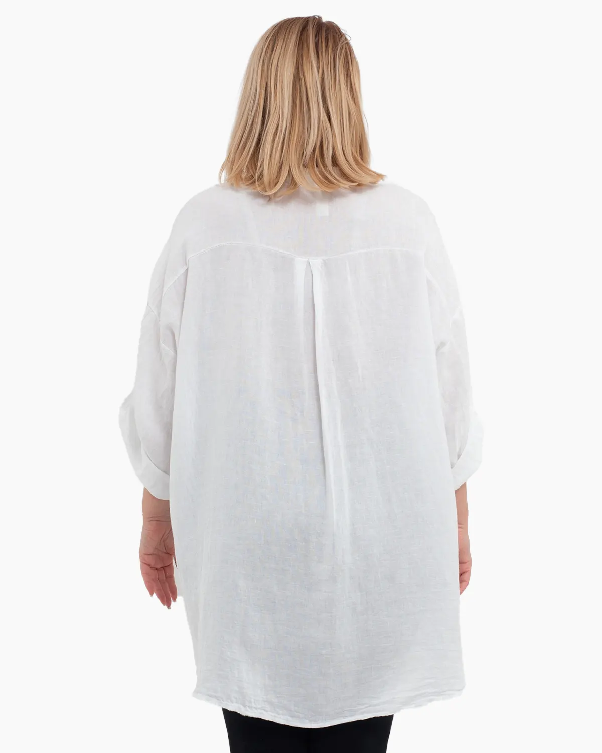 Cămașă de damă oversize albă din in, cu broderie florală și guler tunică [1]