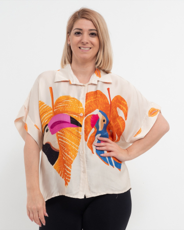 Bluze din Mătase - Cămașă de damă oversize din satin imprimeu portocaliu, cu umeri căzuți și nasturi frontali