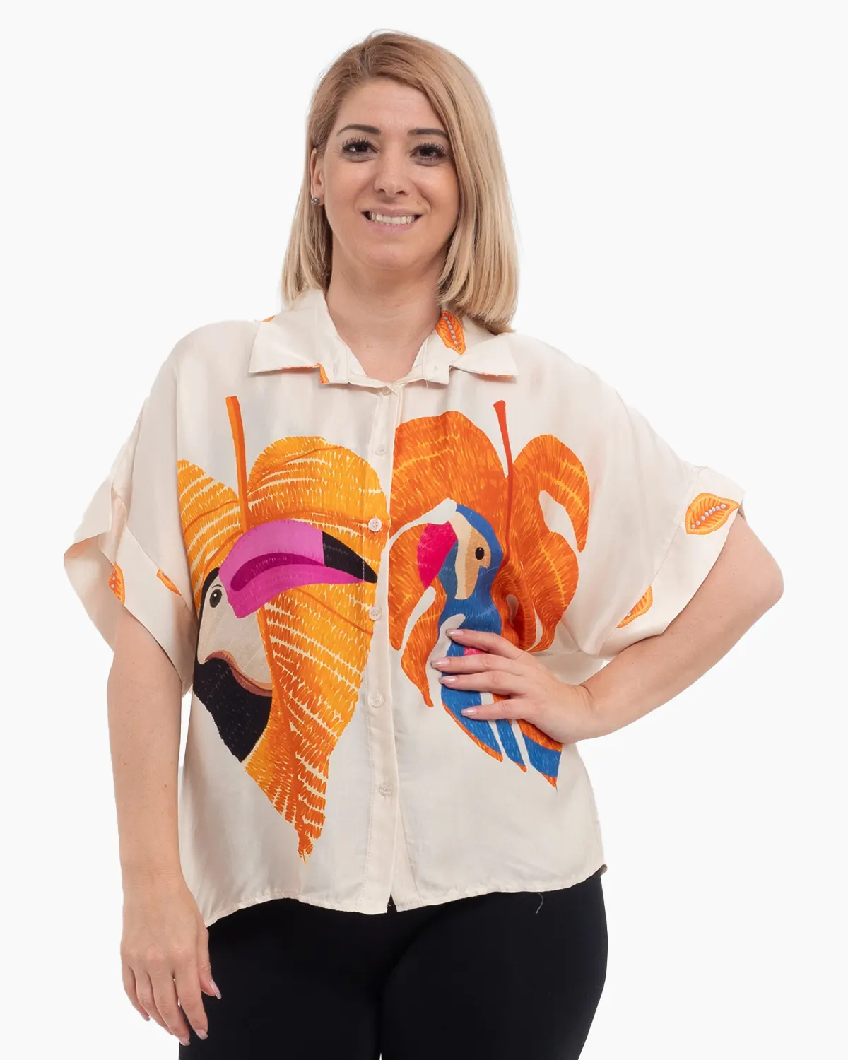 Haine damă - Cămașă de damă oversize din satin imprimeu portocaliu, cu umeri căzuți și nasturi frontali