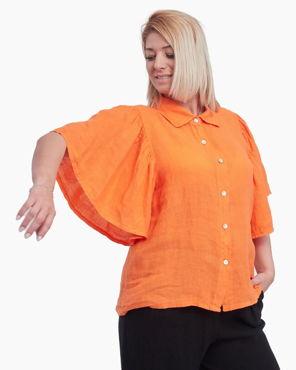 Camasa din in cu maneci largi si inchidere cu nasturi, orange [1]