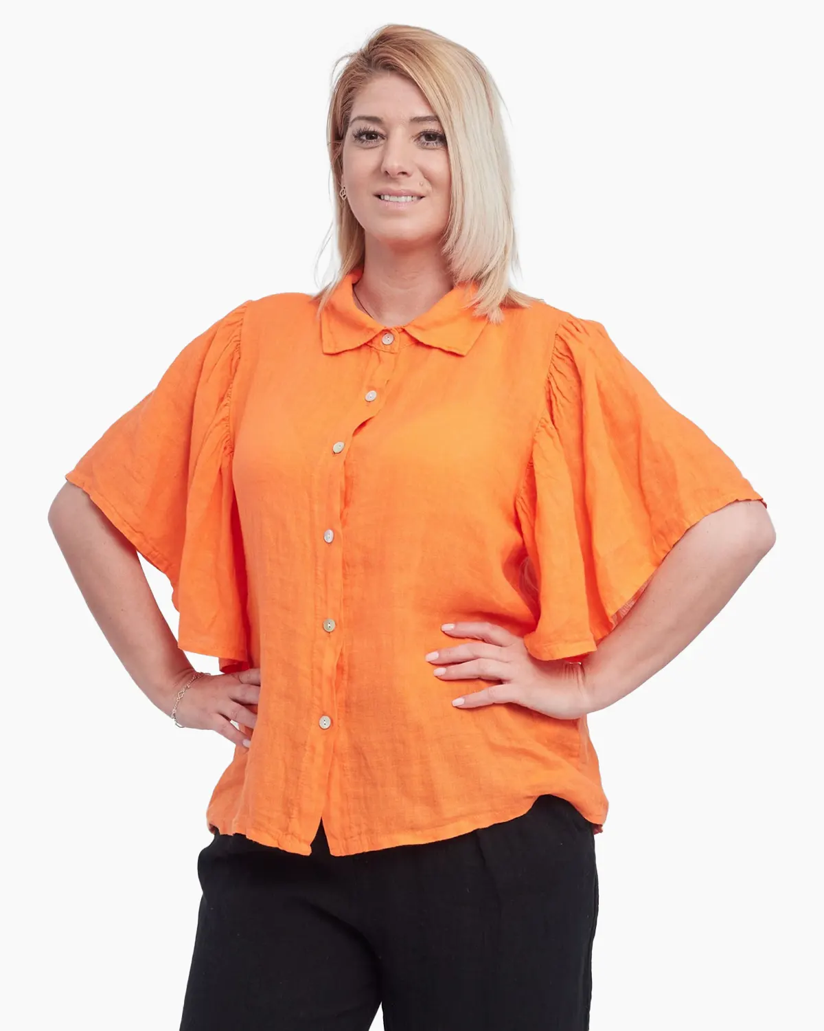 Bluze din In - Camasa din in cu maneci largi si inchidere cu nasturi, orange