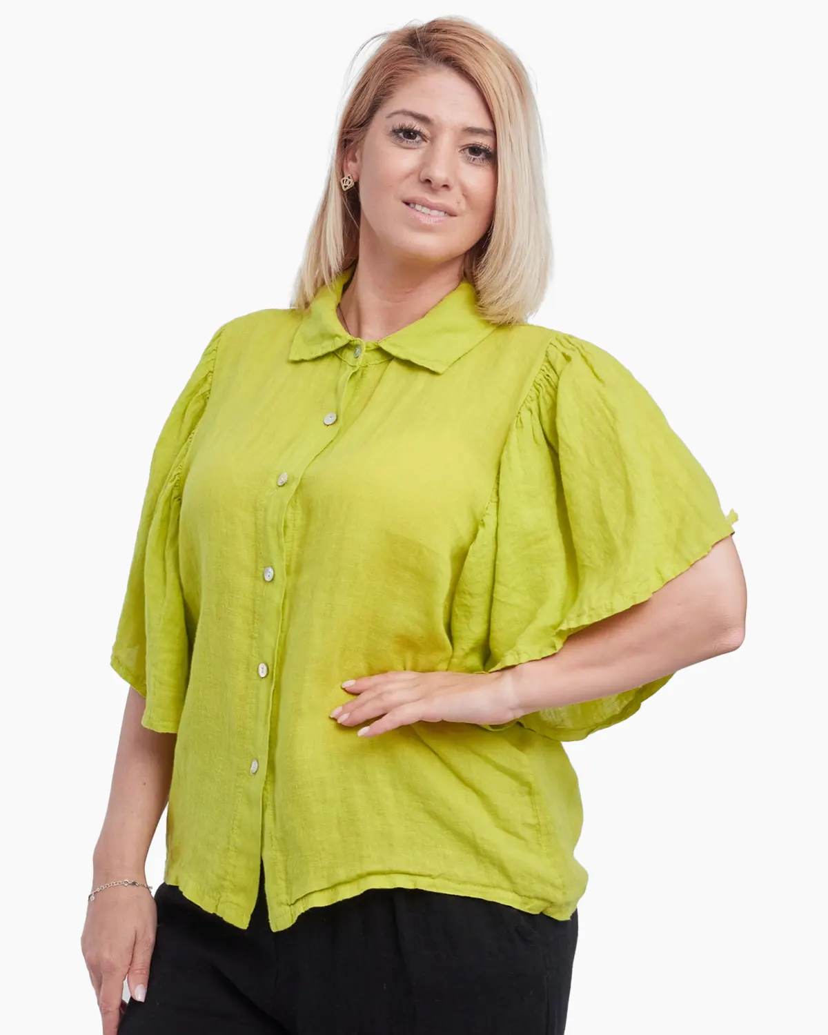 Bluze din In - Camasa din in cu maneci largi si inchidere cu nasturi, verde fistic