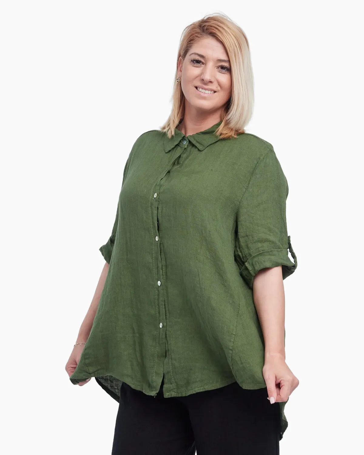 Bluze din In - Camasa din in, inchidere cu nasturi, verde