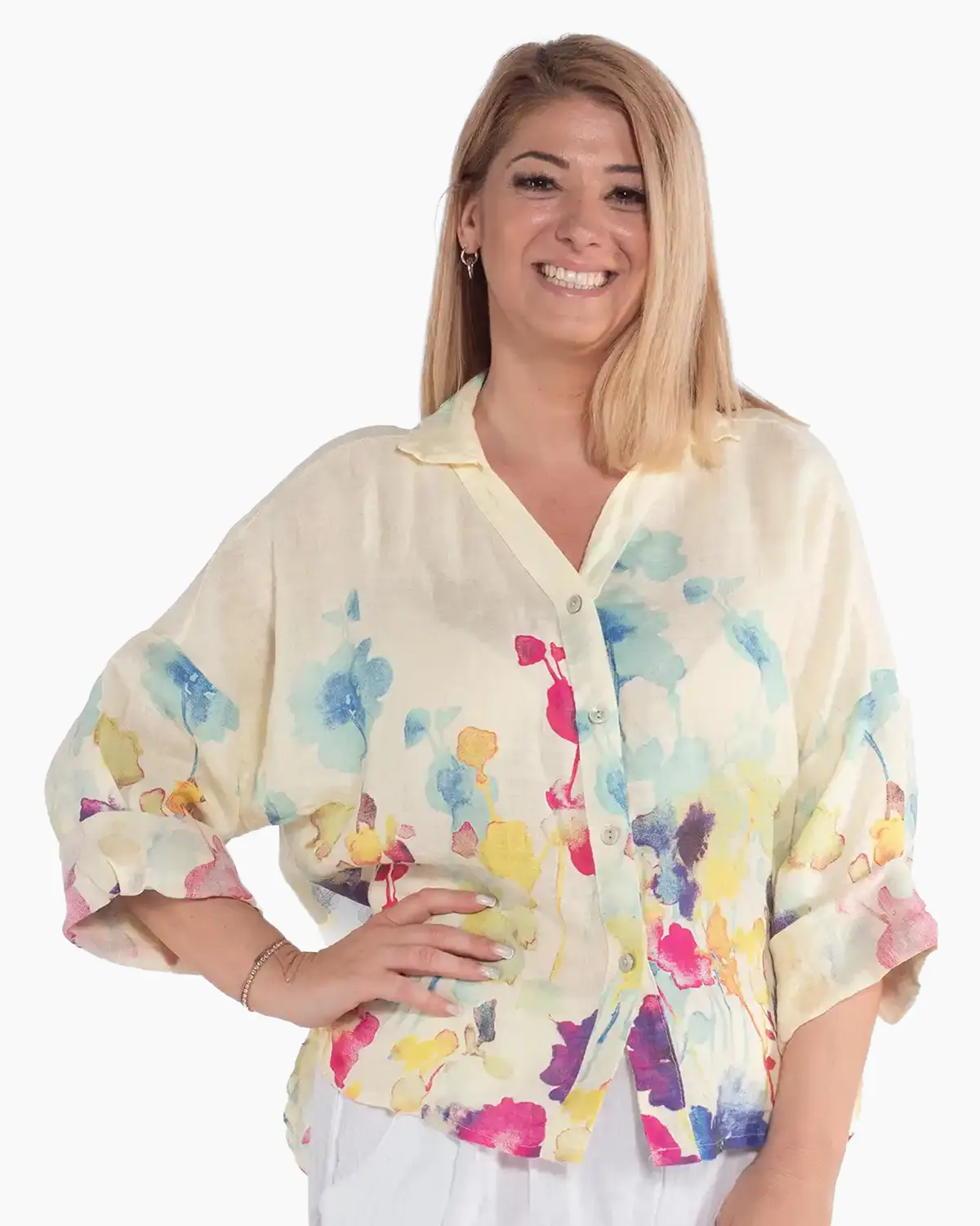 Haine damă - Cămașă galbenă boho din in cu imprimeu floral