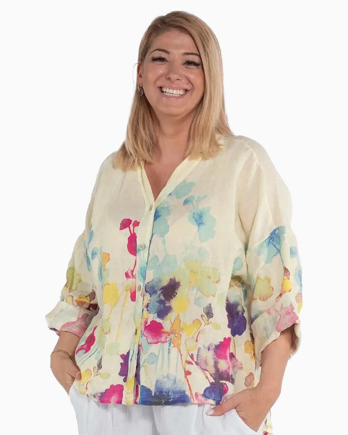 Cămașă galbenă boho din in cu imprimeu floral [3]