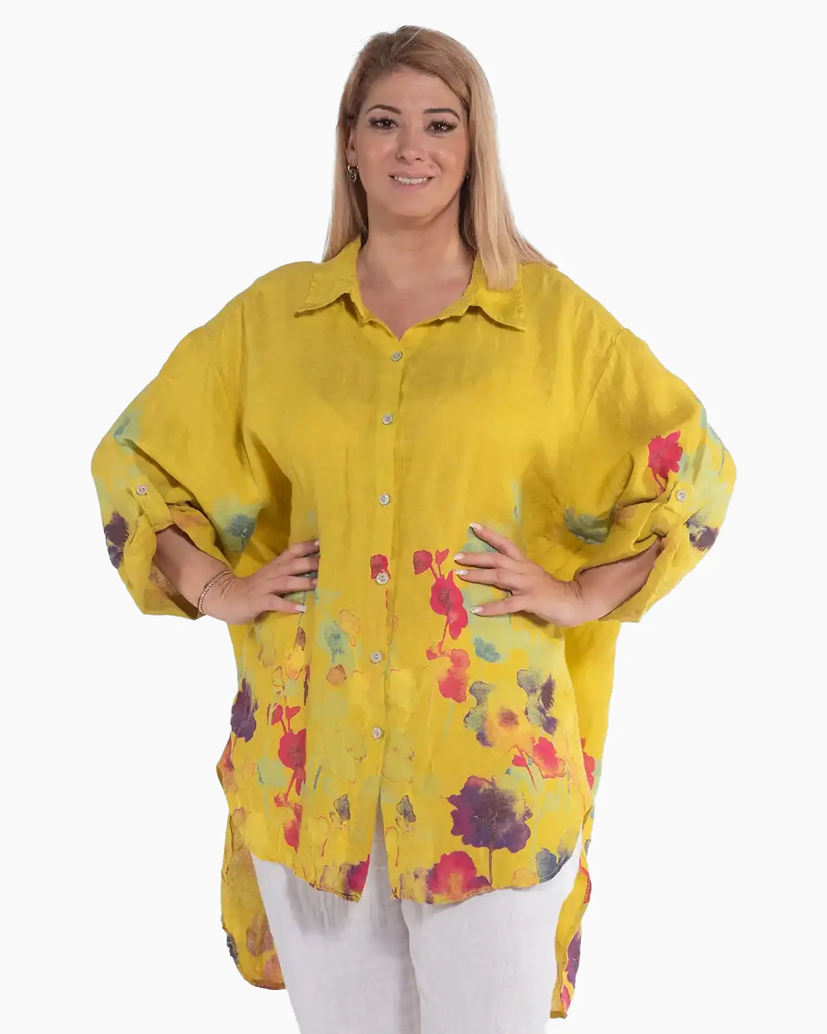 Haine damă - Cămașă galbenă casual tip tunică din in cu imprimeu floral