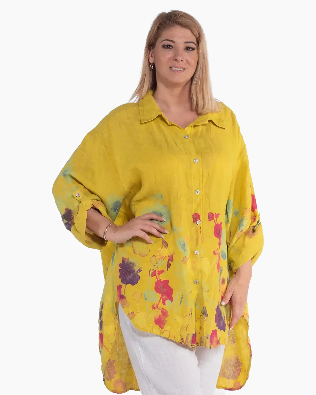 Cămașă galbenă casual tip tunică din in cu imprimeu floral [3]