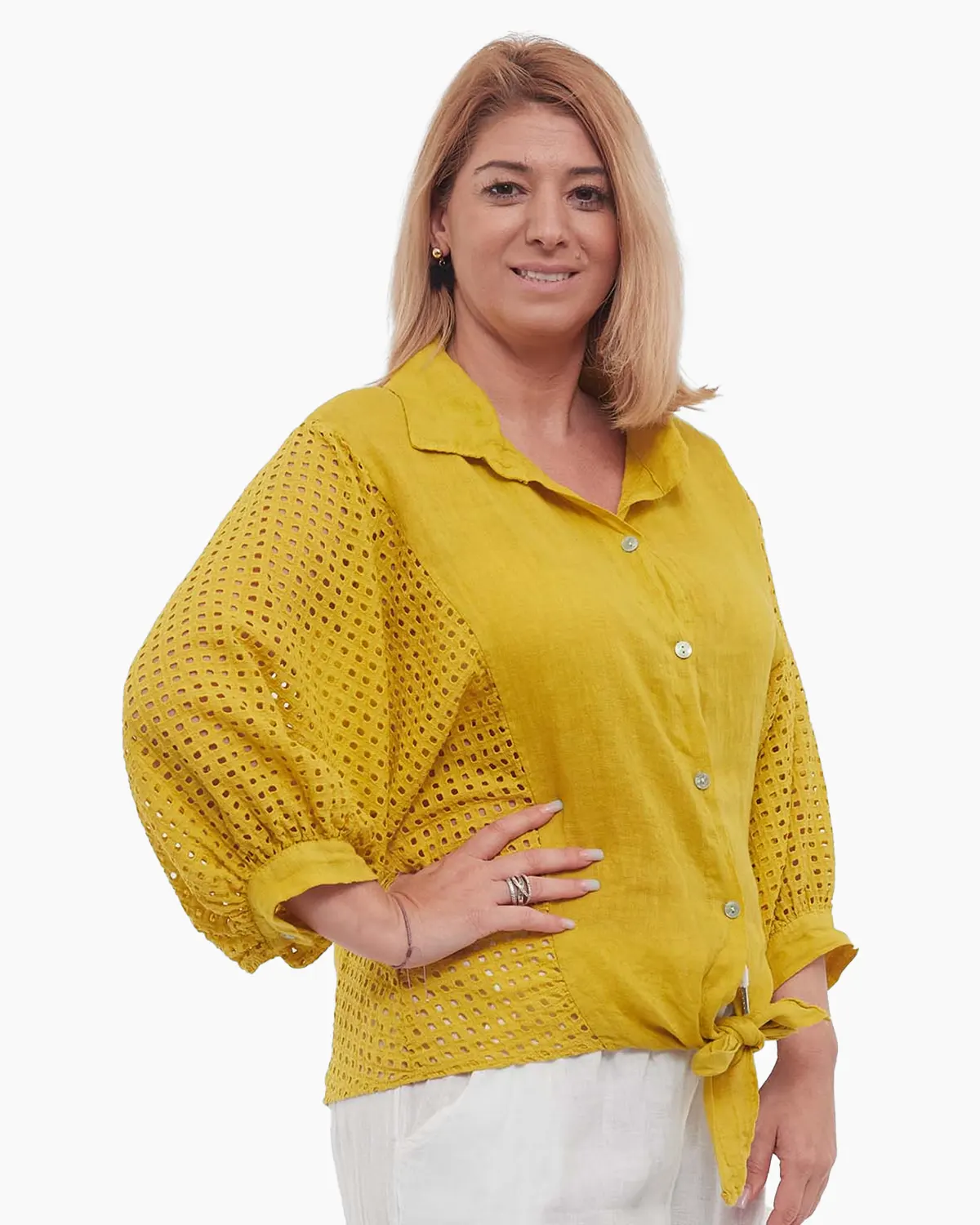 Cămașă galbenă din in, stil smart casual, cu decolteu V și mâneci batwing [2]