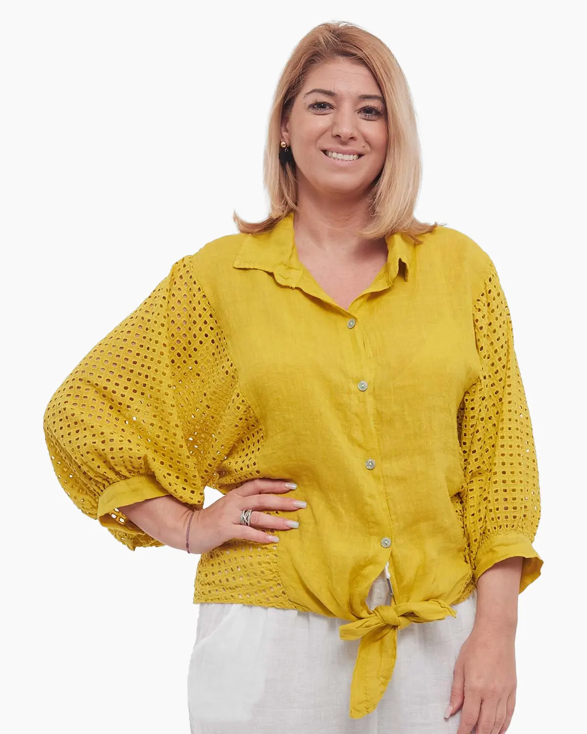 Haine damă - Cămașă galbenă din in, stil smart casual, cu decolteu V și mâneci batwing