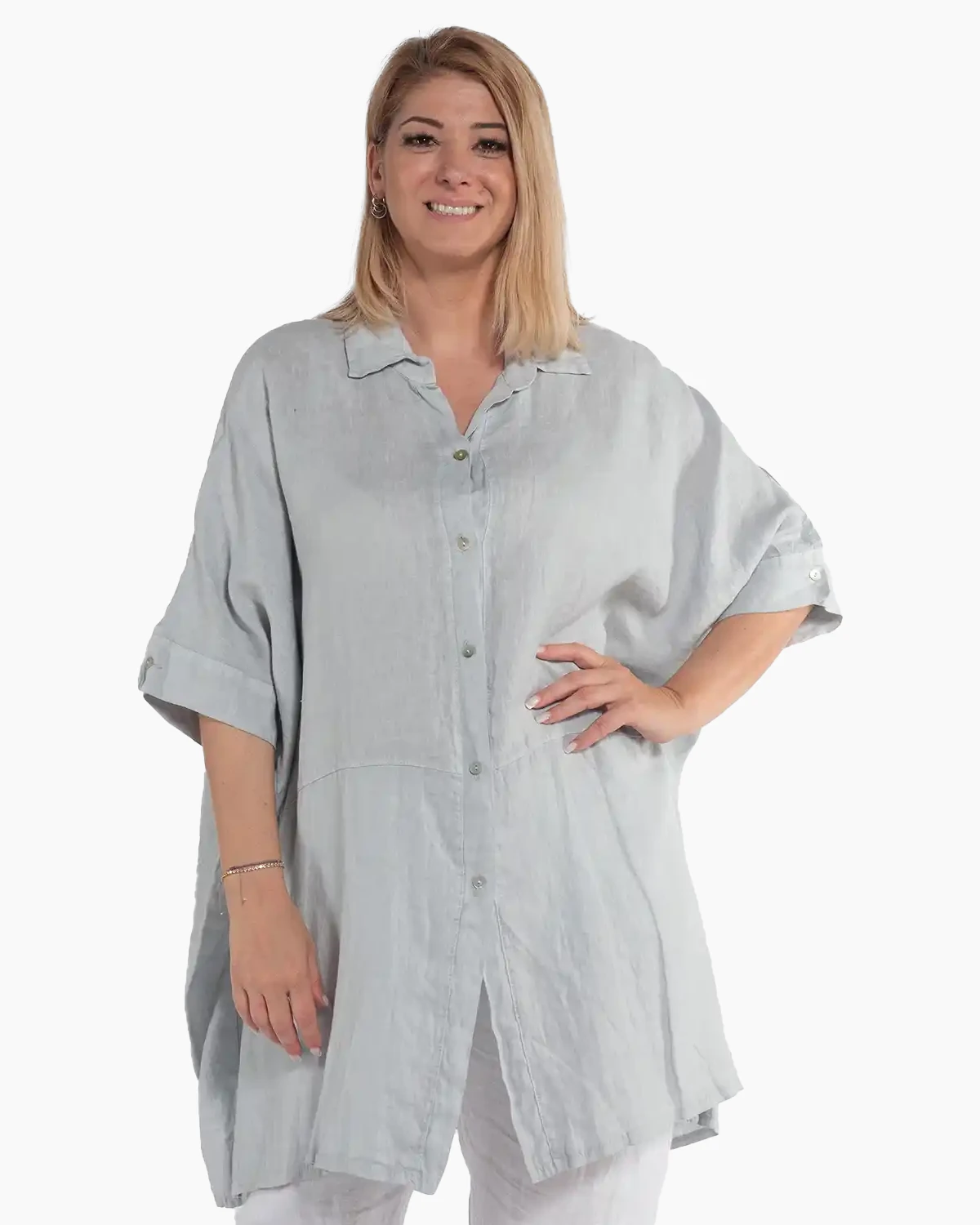 Haine damă - Cămașă gri tip tunică din in, croială lejeră pentru mărimi plus-size