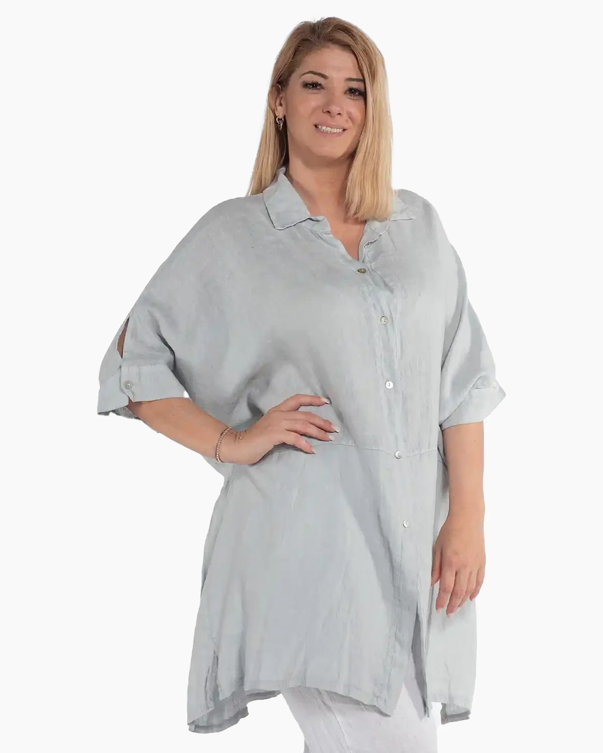 Cămașă gri tip tunică din in, croială lejeră pentru mărimi plus-size [3]