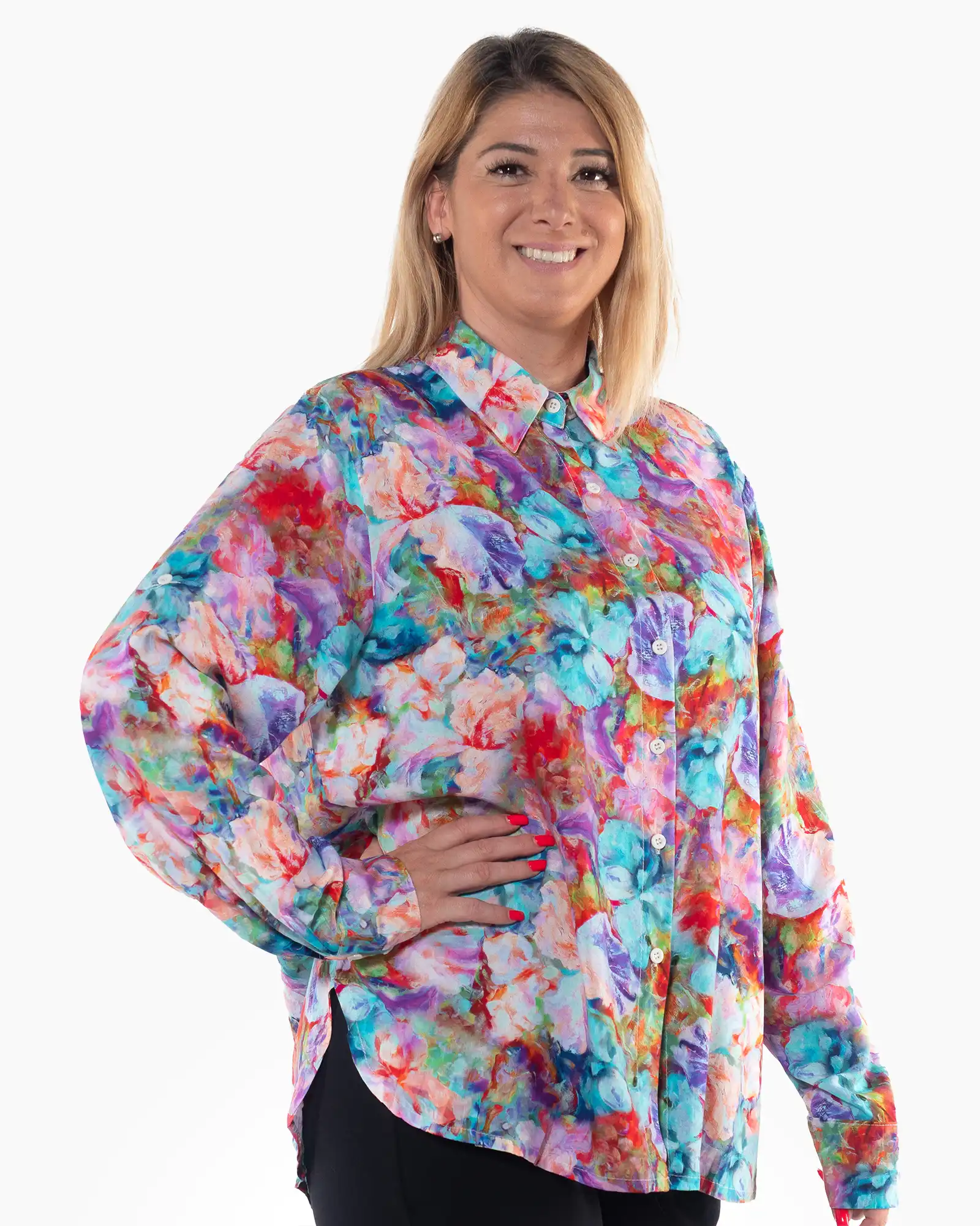 Cămașă lejeră multicoloră cu imprimeu floral și mâneci lungi [2]