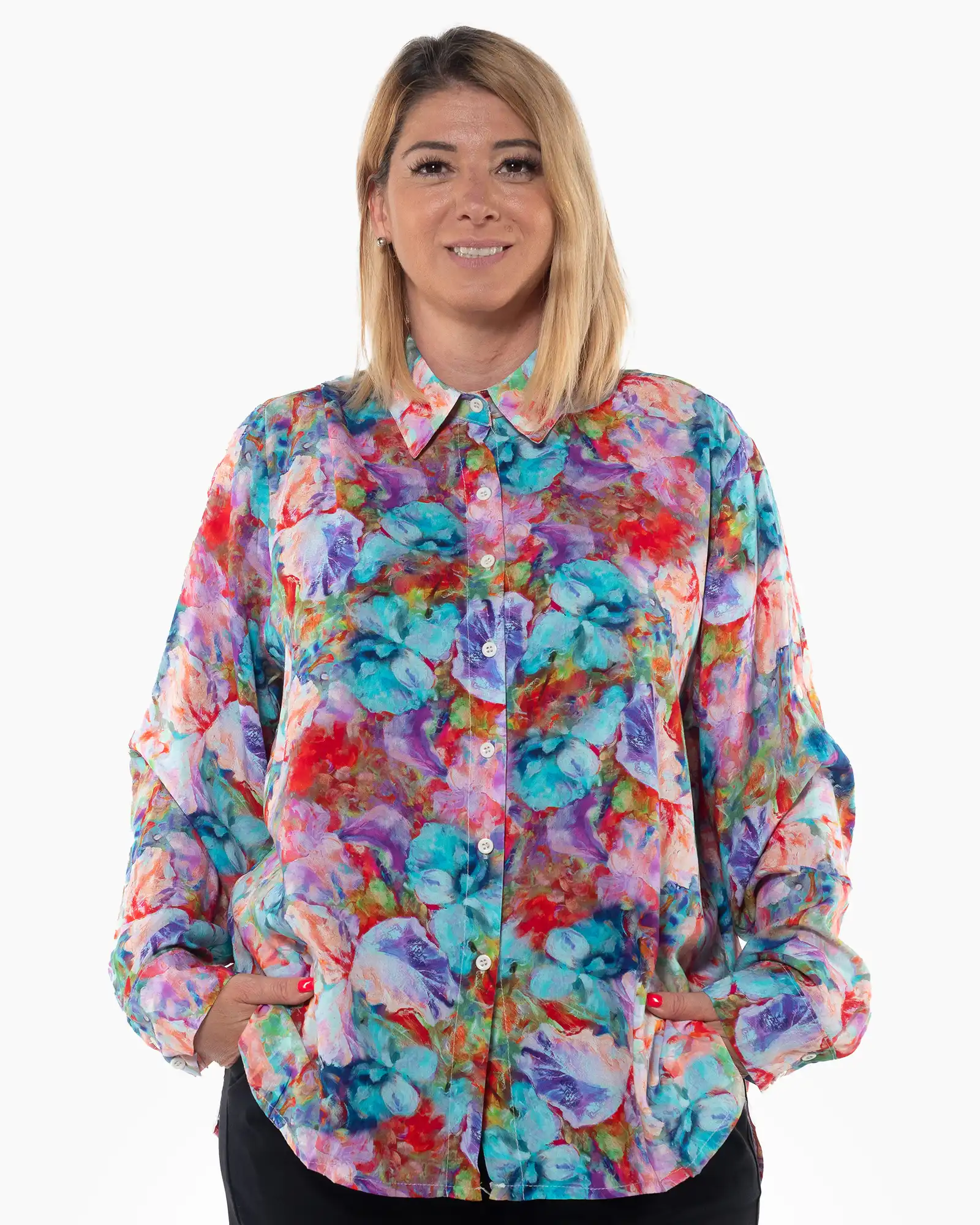 Cămăși - Cămașă lejeră multicoloră cu imprimeu floral și mâneci lungi