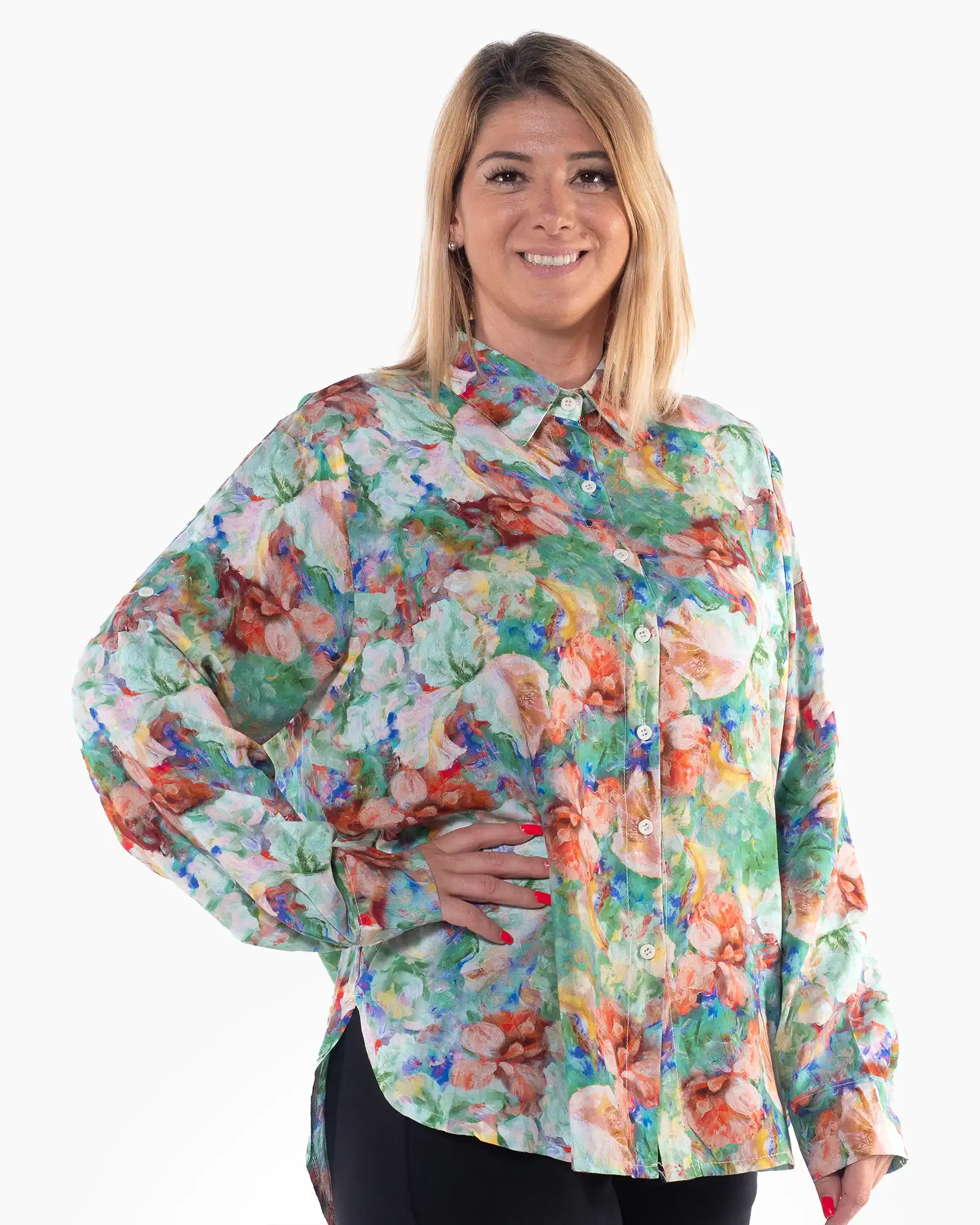Cămașă lejeră verde cu imprimeu floral și mâneci lungi [2]