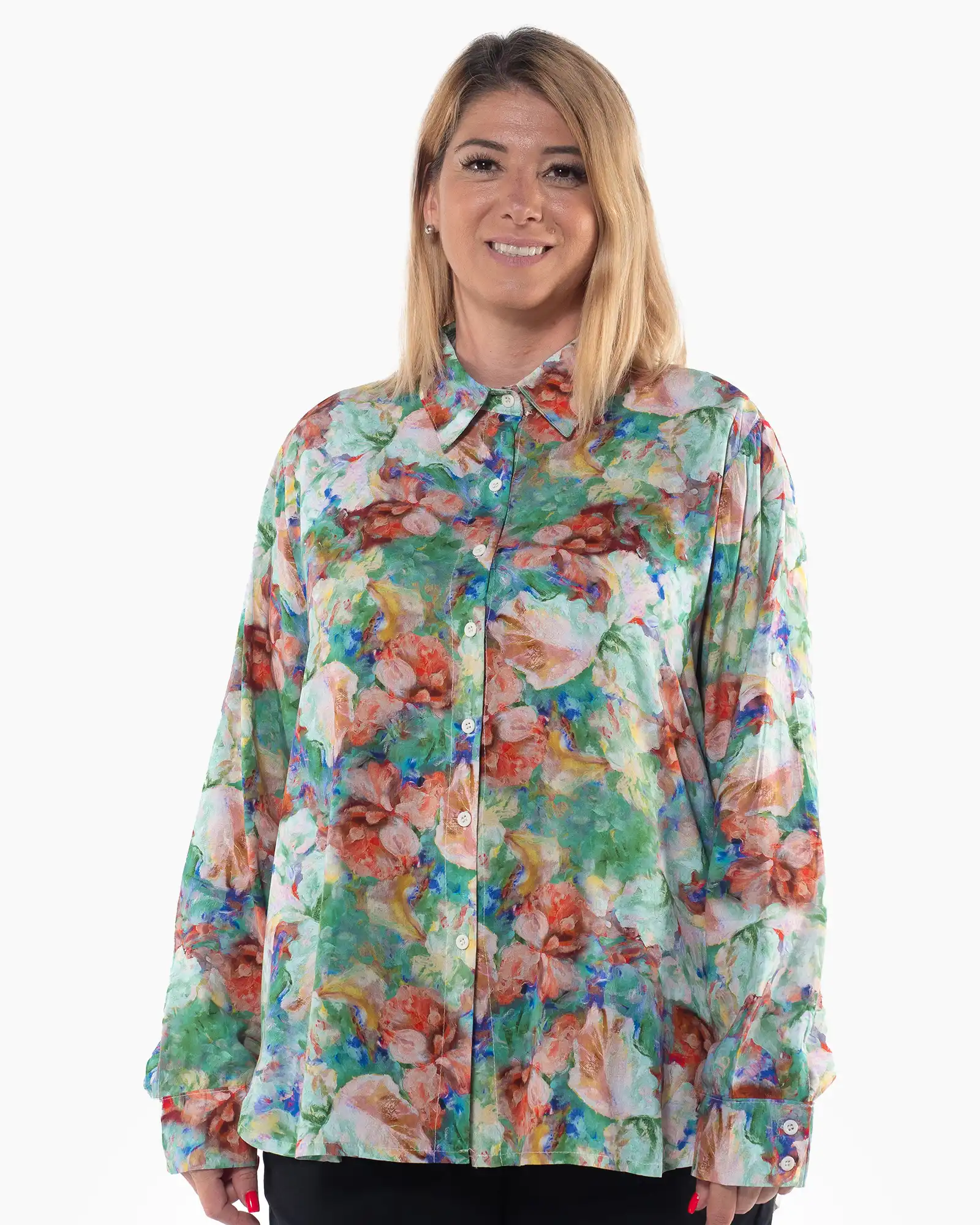 Cămăși - Cămașă lejeră verde cu imprimeu floral și mâneci lungi