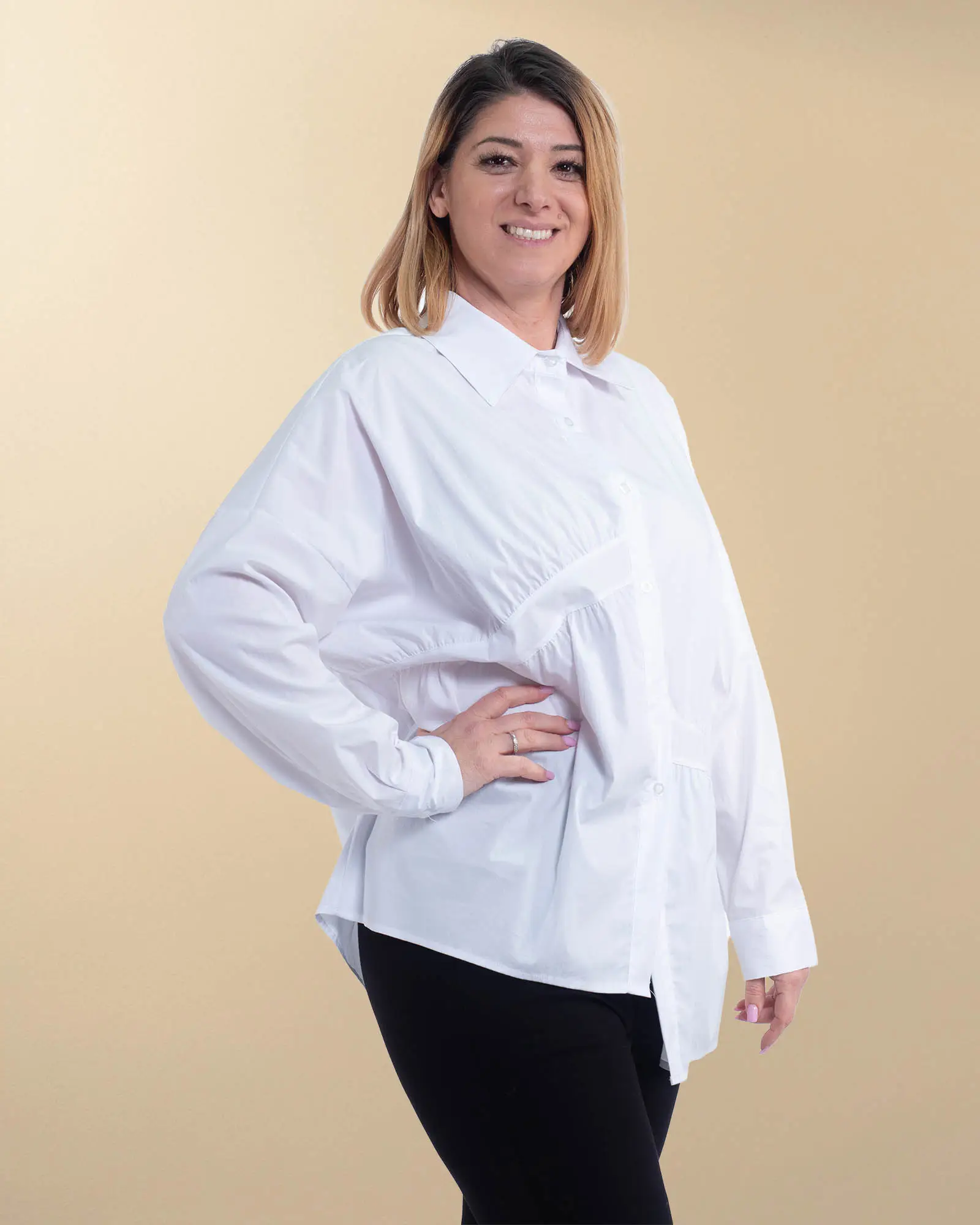 Cămașă lungă albă din bumbac tip tunică cu pliuri decorative [2]