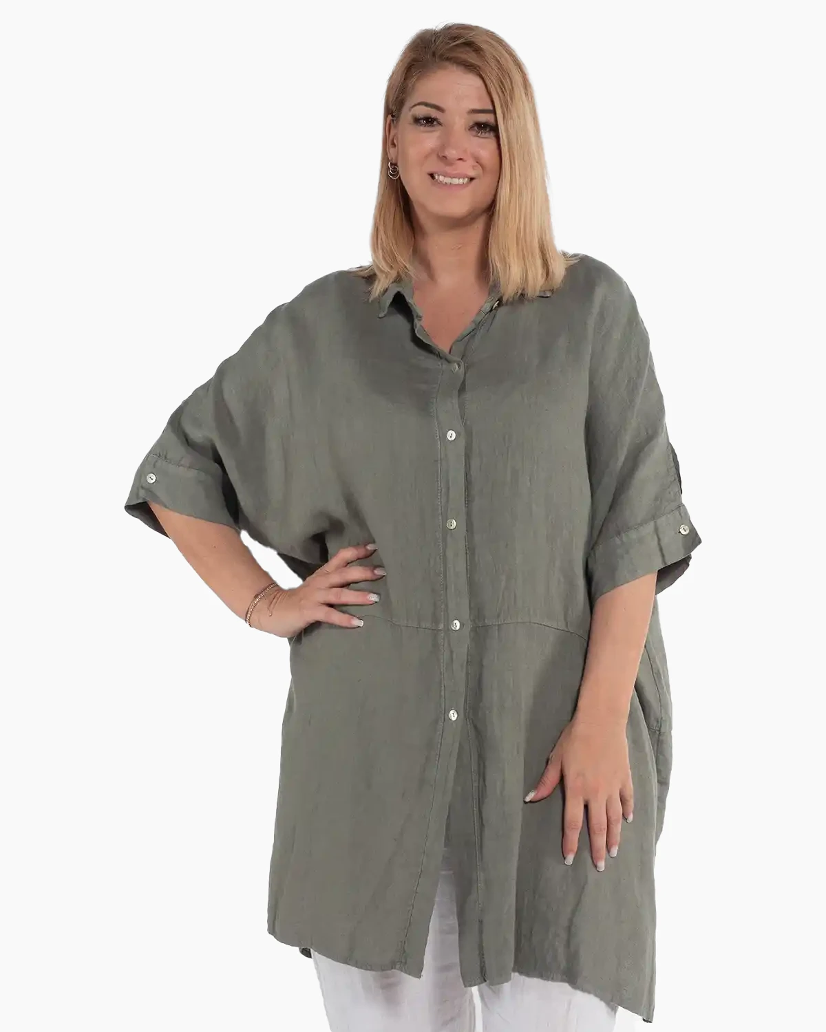 Haine damă - Cămașă lungă kaki din in, tip tunică amplă pentru siluete plus-size