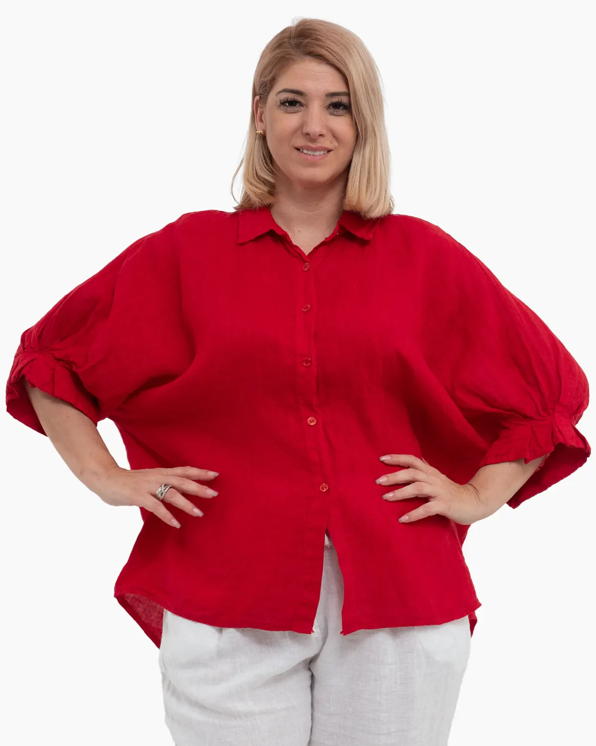 Mărimi mari - Cămașă oversize roșie din in cu fundă la spate și volane