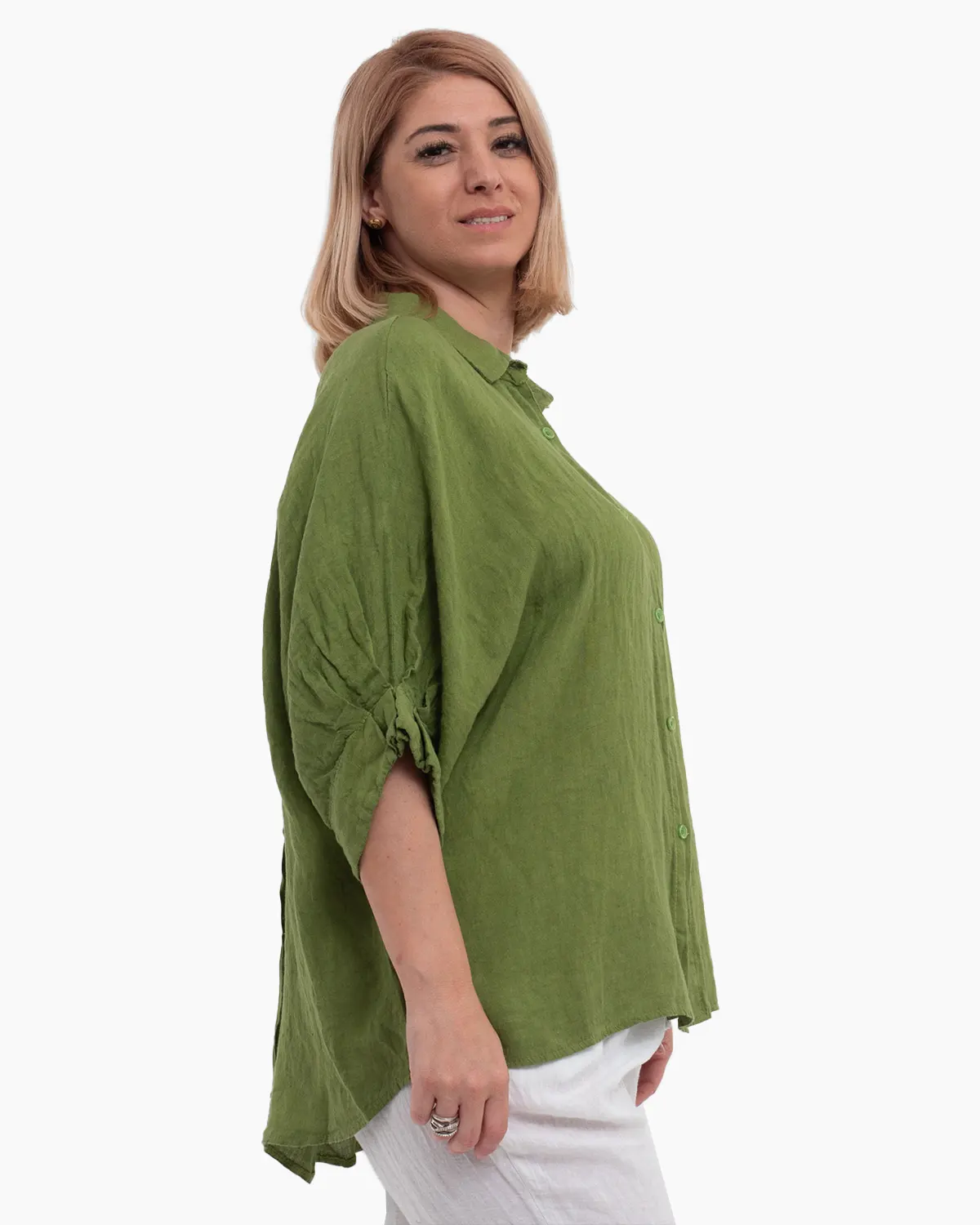 Cămașă oversize verde din in cu fundă la spate și volane [3]