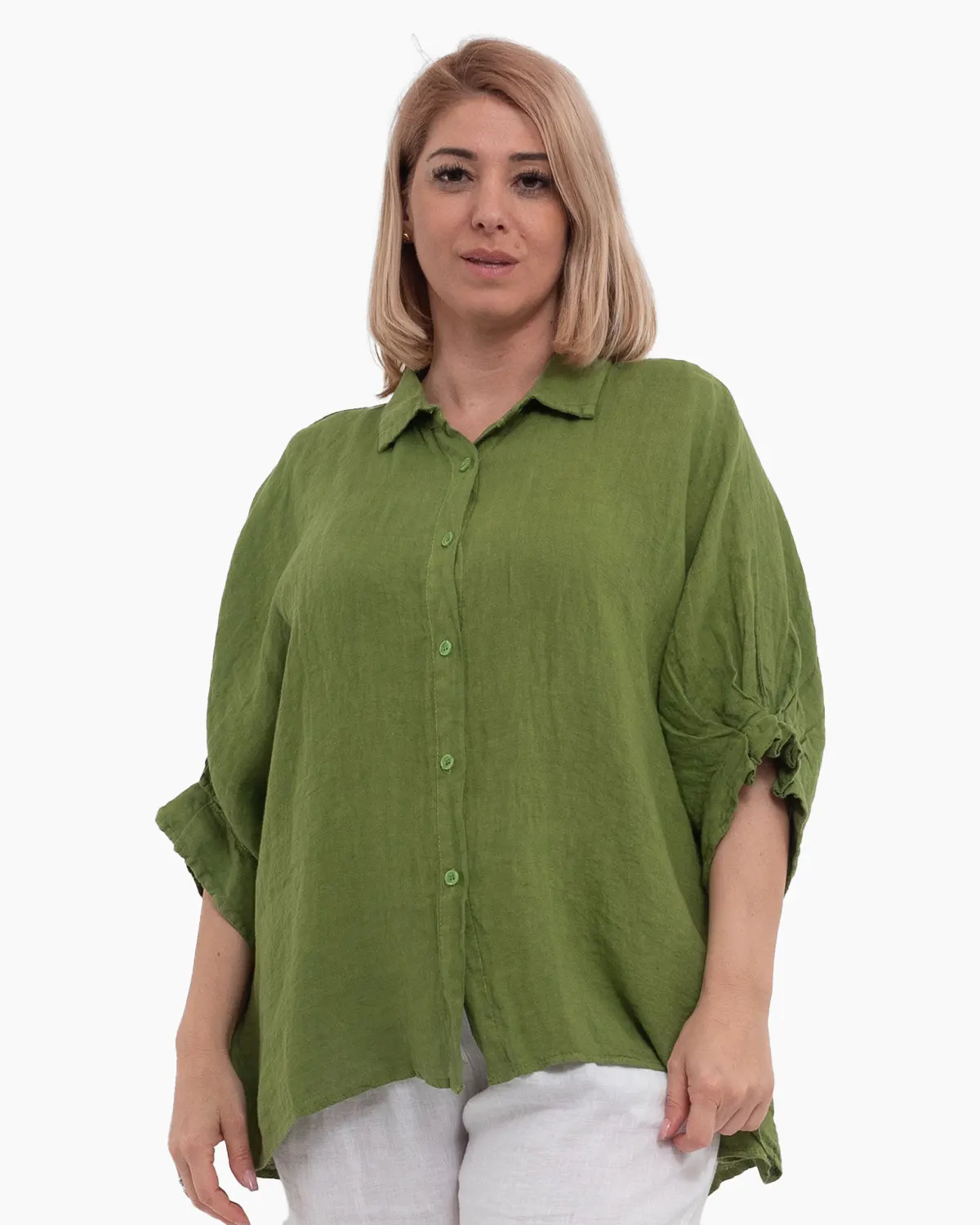 Mărimi mari - Cămașă oversize verde din in cu fundă la spate și volane