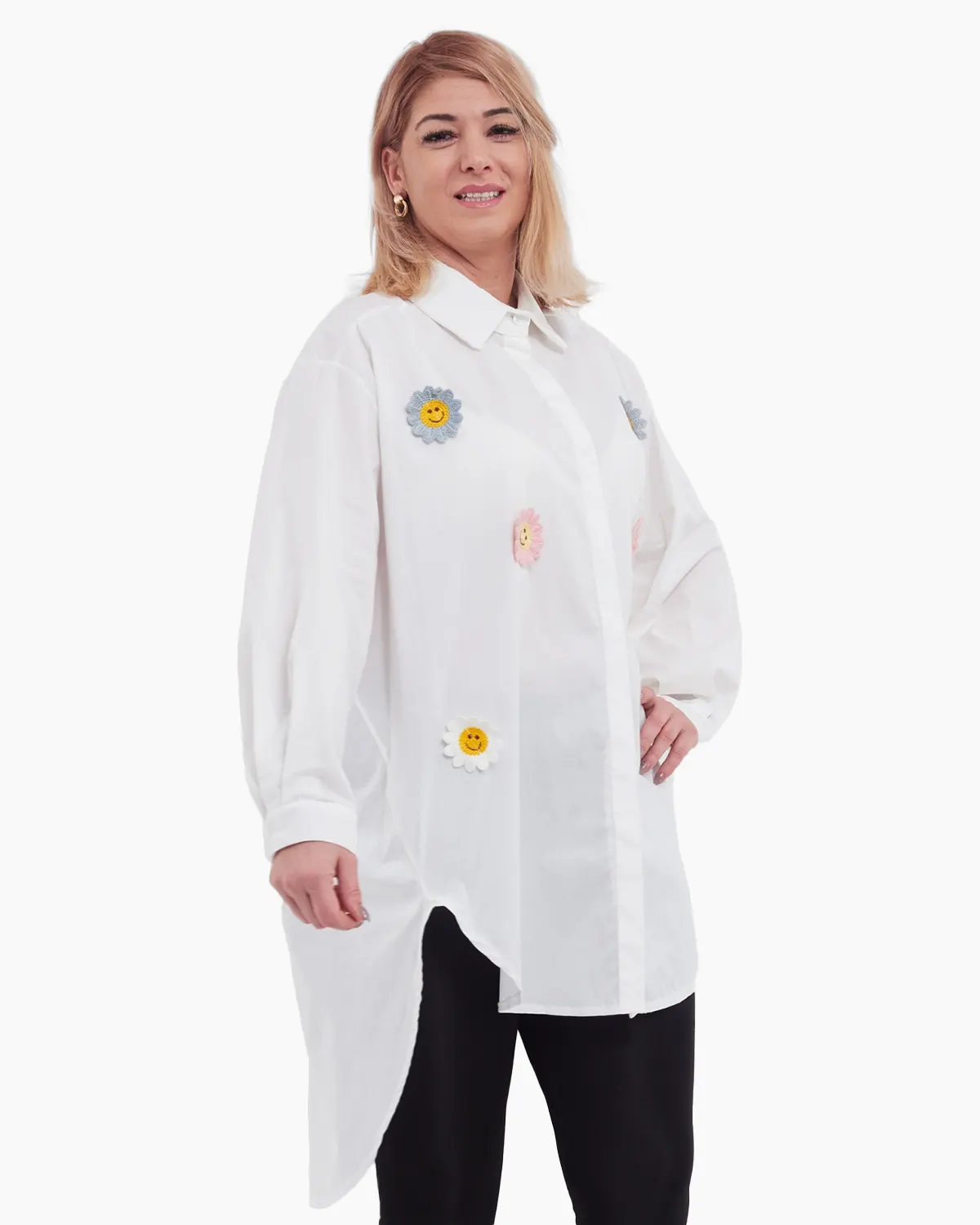 Mărimi mari - Camasa oversized cu floricele, din bumbac alb