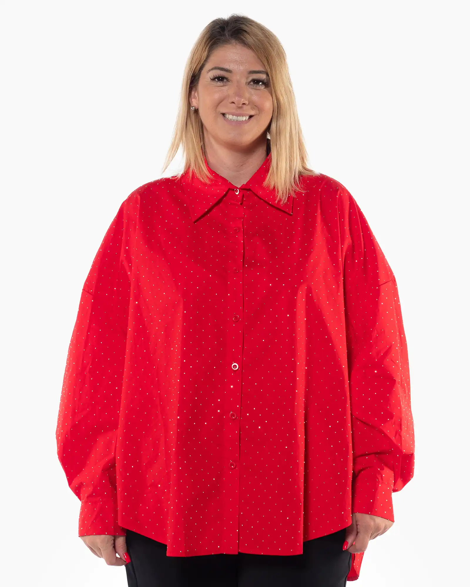 Cămăși - Cămașă roșie tip tunică oversize cu detalii prețioase din strasuri