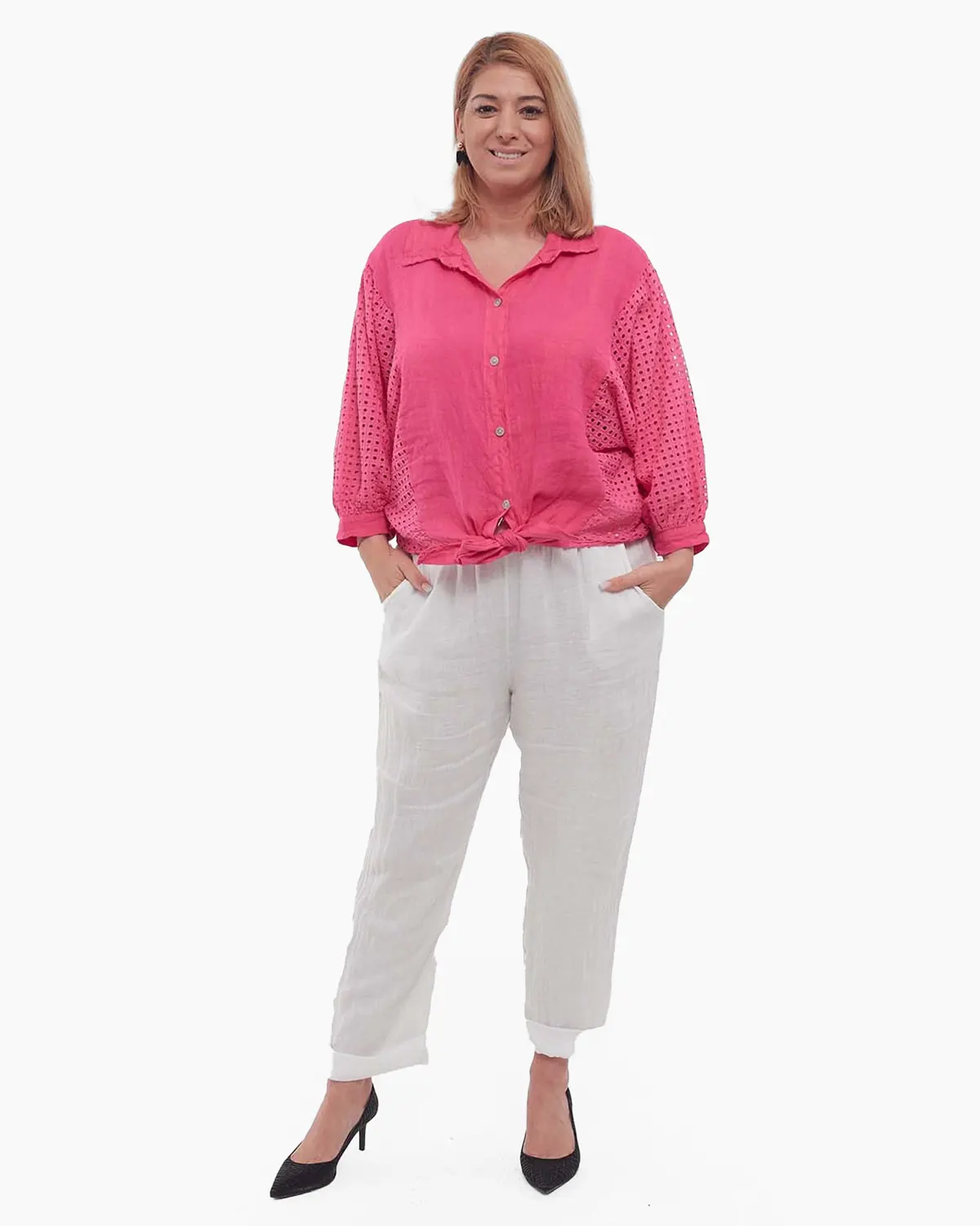 Cămașă roz din in smart casual, croială lejeră și mâneci batwing [3]