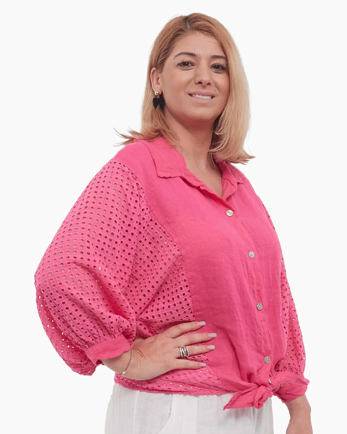 Cămașă roz din in smart casual, croială lejeră și mâneci batwing [2]