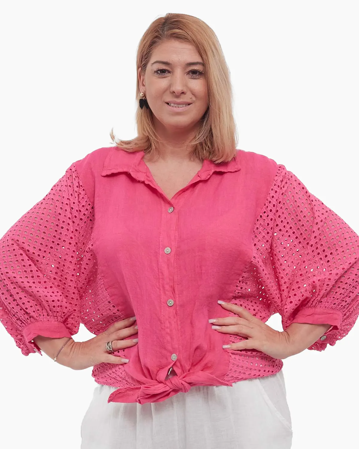 Cămăși - Cămașă roz din in smart casual, croială lejeră și mâneci batwing