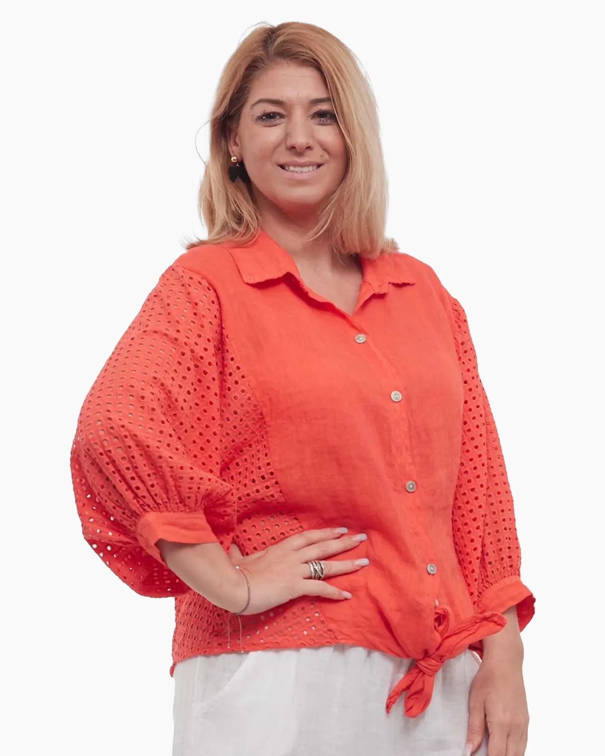 Cămașă smart casual portocalie lejeră din in cu mâneci batwing [2]