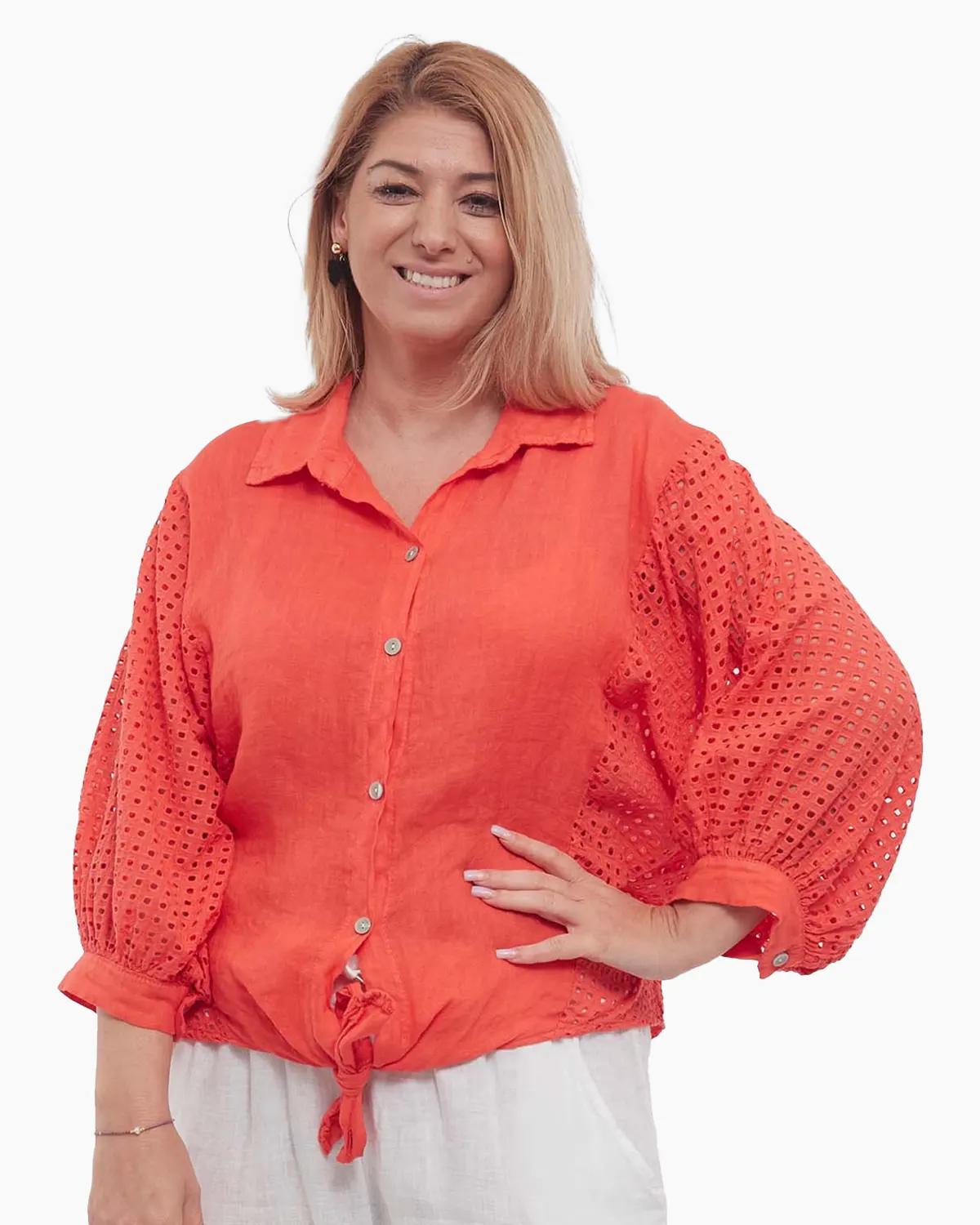 Haine damă - Cămașă smart casual portocalie lejeră din in cu mâneci batwing