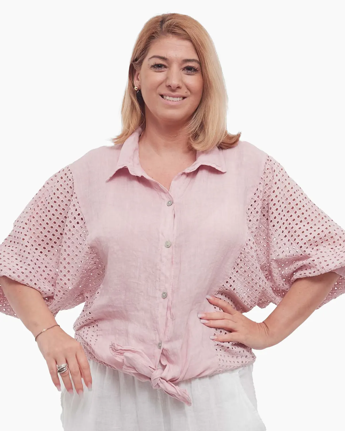 Haine damă - Cămașă smart casual roz pudrat din in cu mâneci batwing