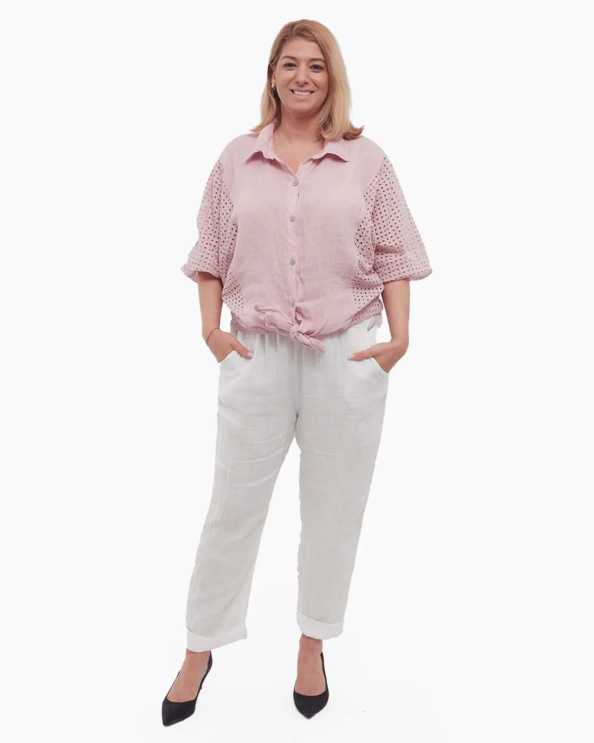 Cămașă smart casual roz pudrat din in cu mâneci batwing [3]