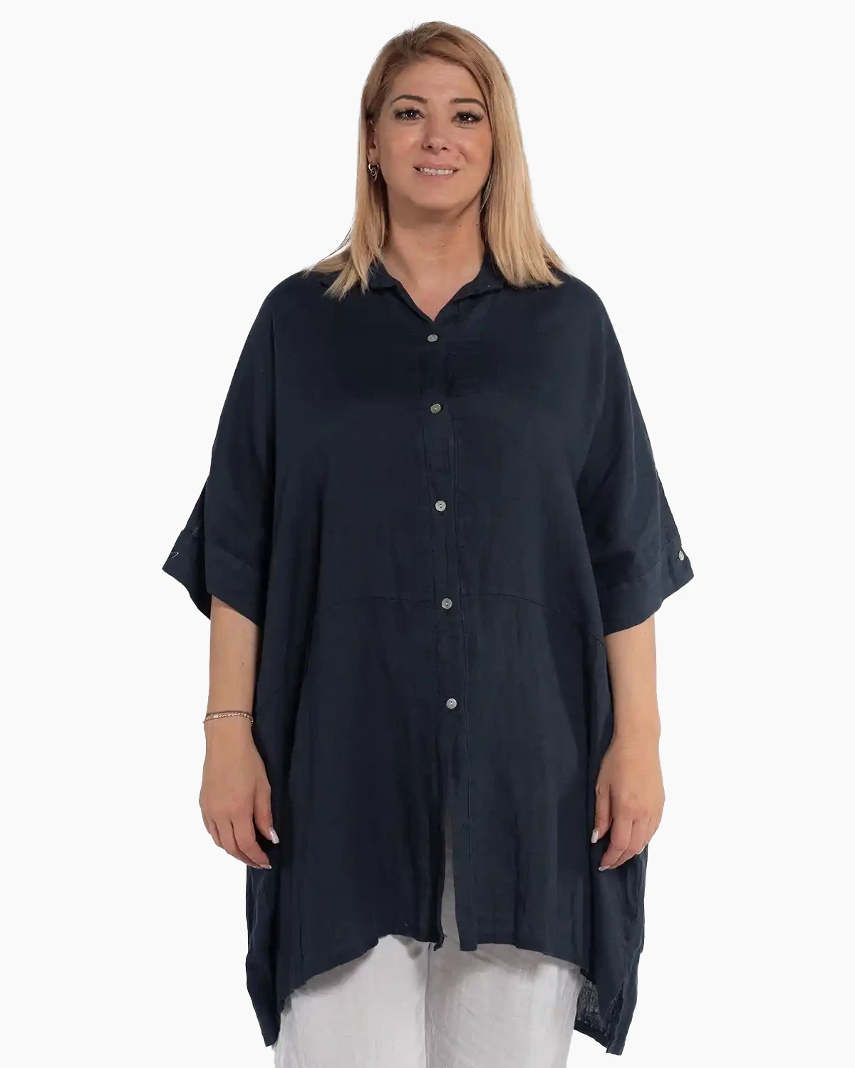 Cămăși - Cămașă tunică bleumarin din in pentru siluete plus-size