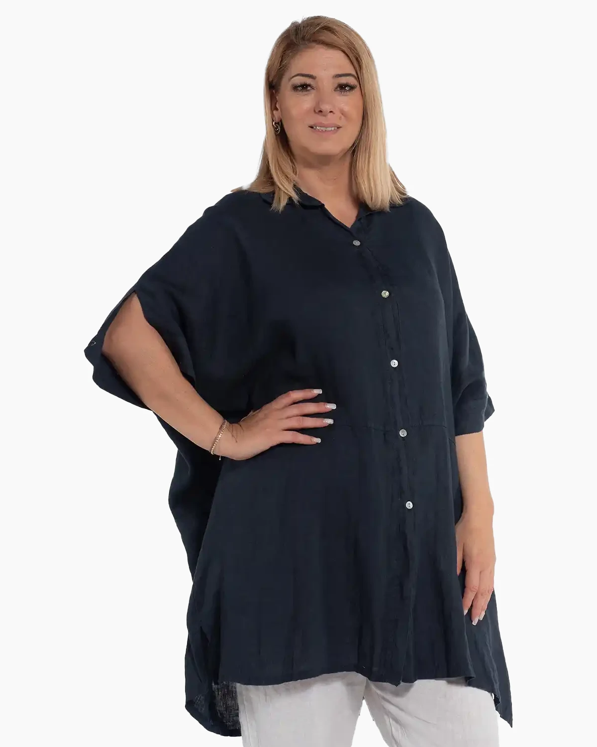 Cămașă tunică bleumarin din in pentru siluete plus-size [3]