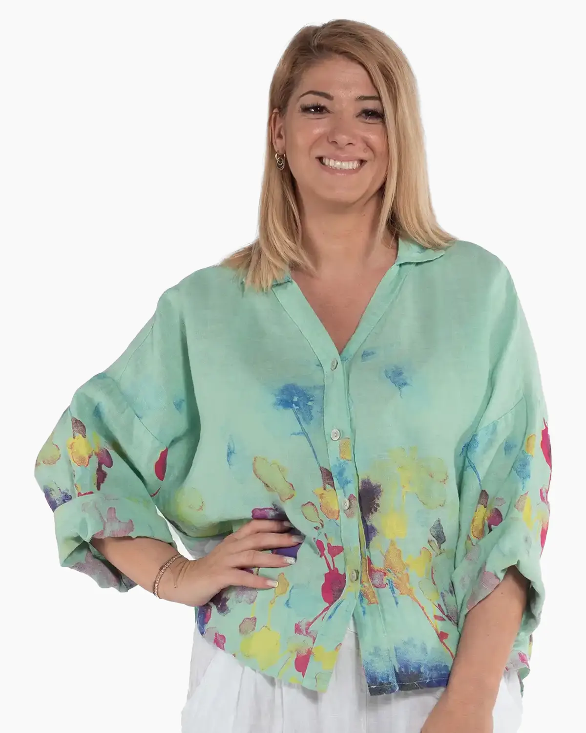 Cămăși - Cămașă vernil din in cu imprimeu floral și design amplu de inspirație boho