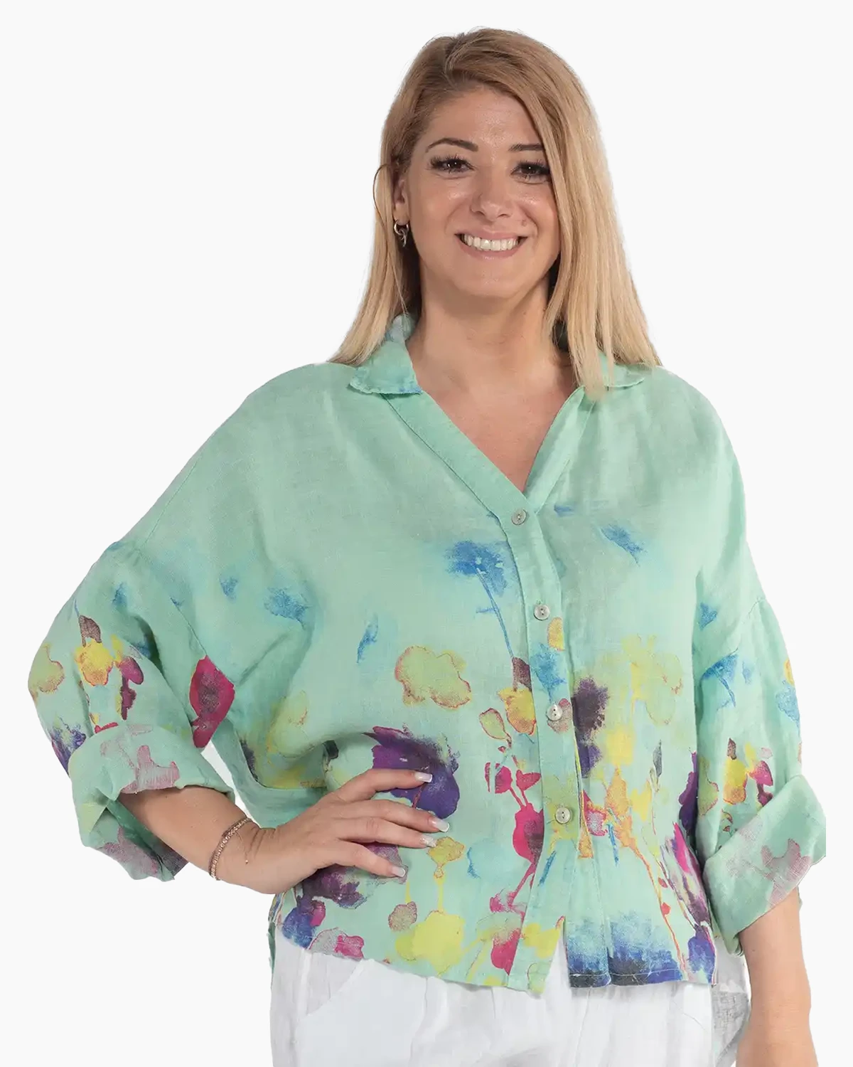 Cămașă vernil din in cu imprimeu floral și design amplu de inspirație boho [3]