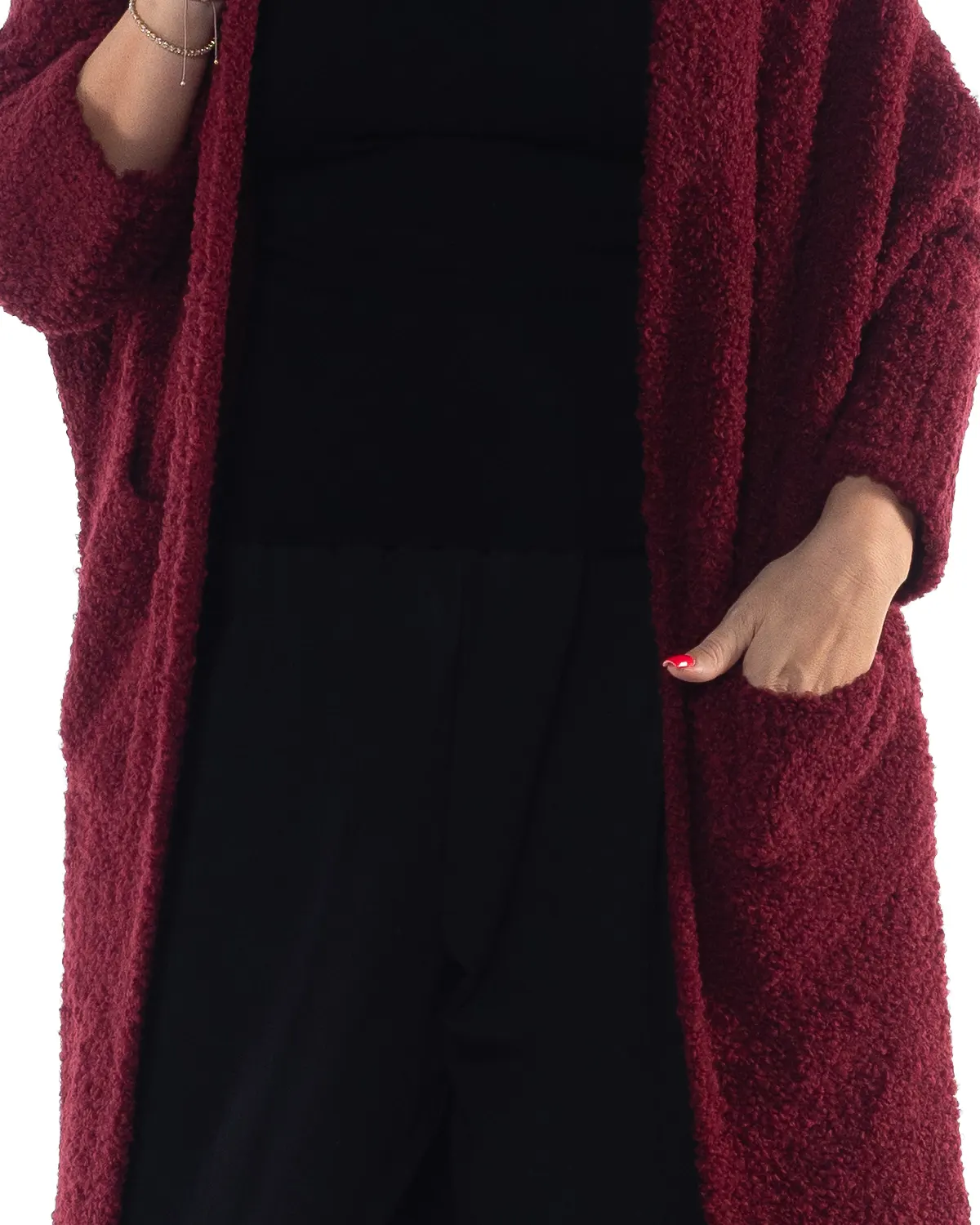 Jachetă cardigan grena lungă din tricot pufos, cu design lejer și glugă [4]