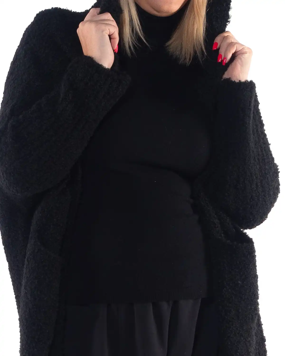 Jachetă cardigan neagră lungă din tricot bucle cu glugă [4]