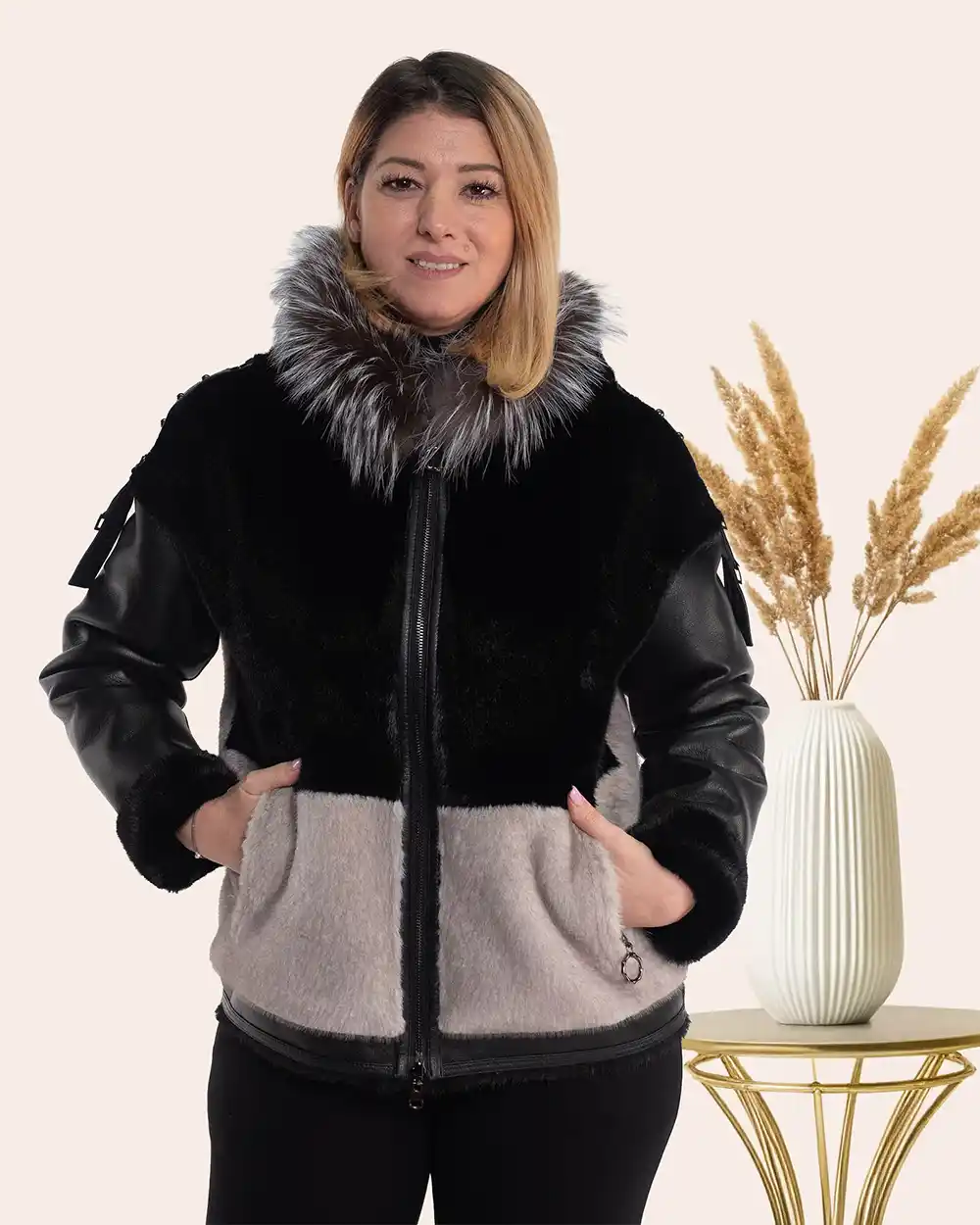 Îmbrăcăminte Damă - Cojoc blană negru reversibil Luxury cu glugă statement vulpe