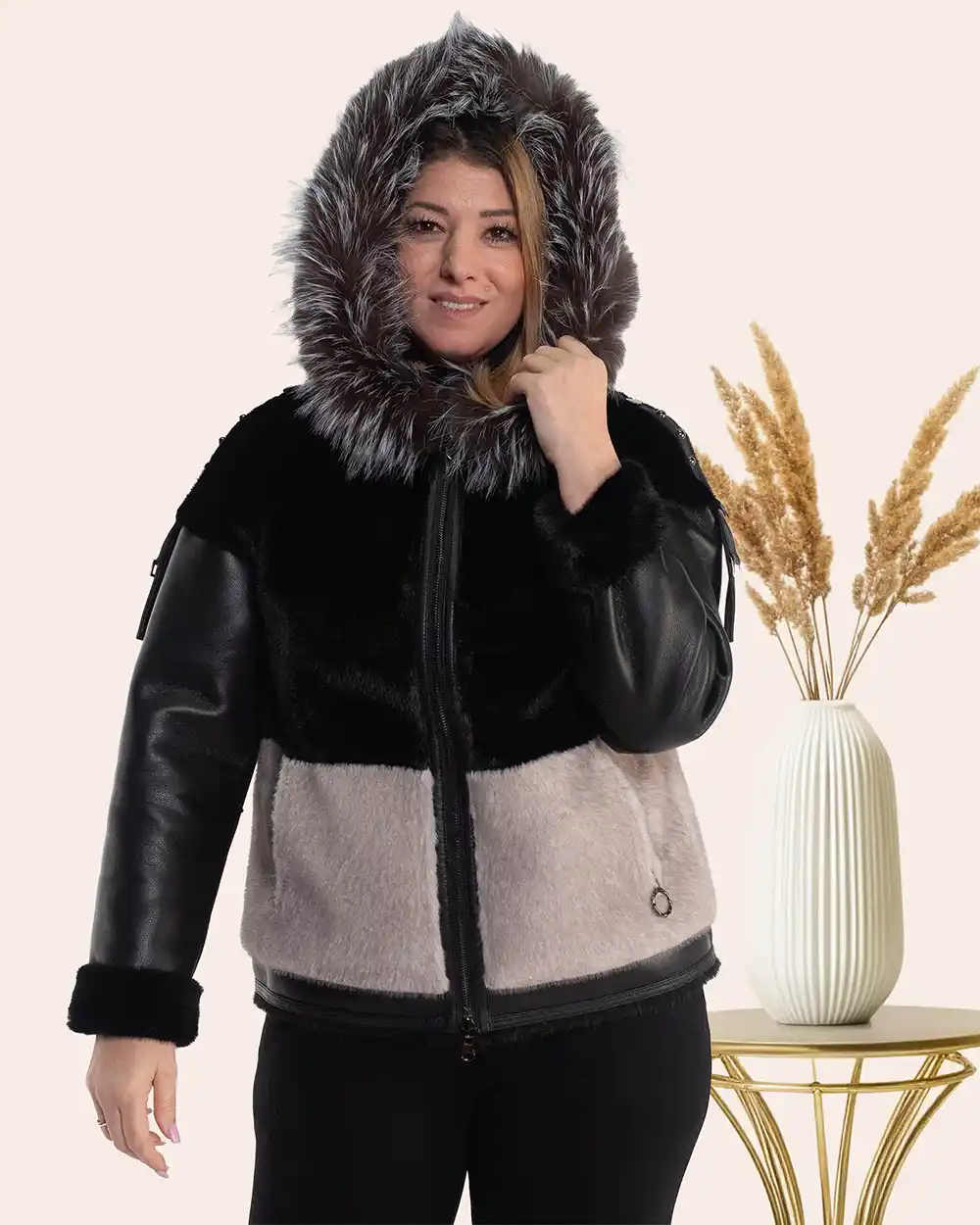 Cojoc blană negru reversibil Luxury cu glugă statement vulpe [2]