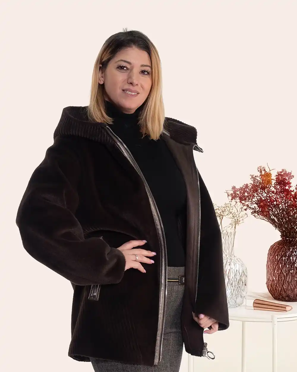 Cojoc damă maro chic cu două fețe și glugă [2]