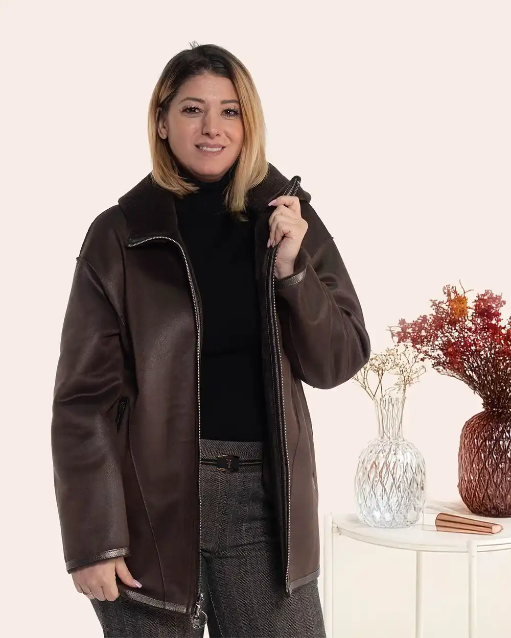 Cojoc damă maro chic cu două fețe și glugă [3]