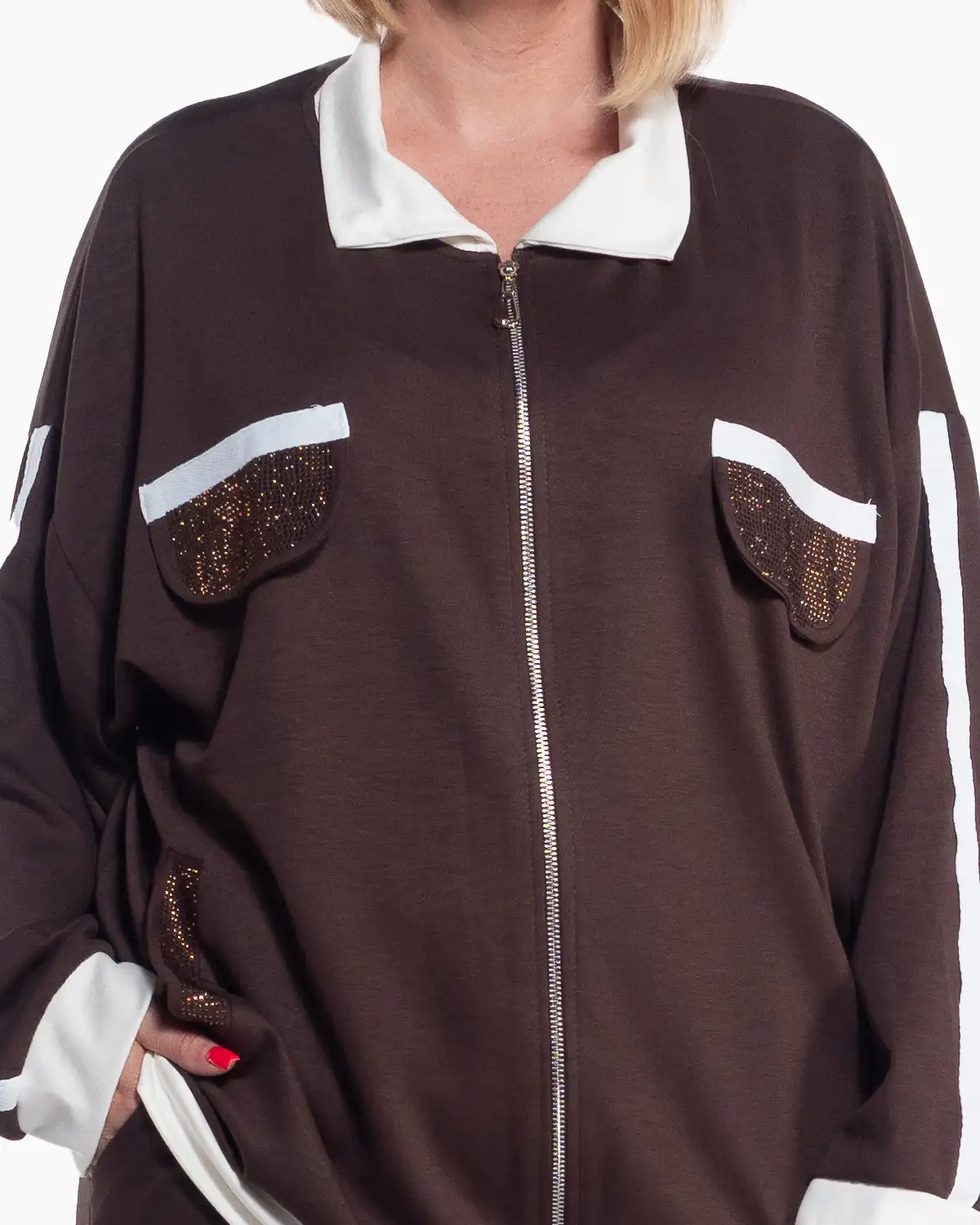 Compleu casual maro din bumbac cu design fluid și fermoar [3]
