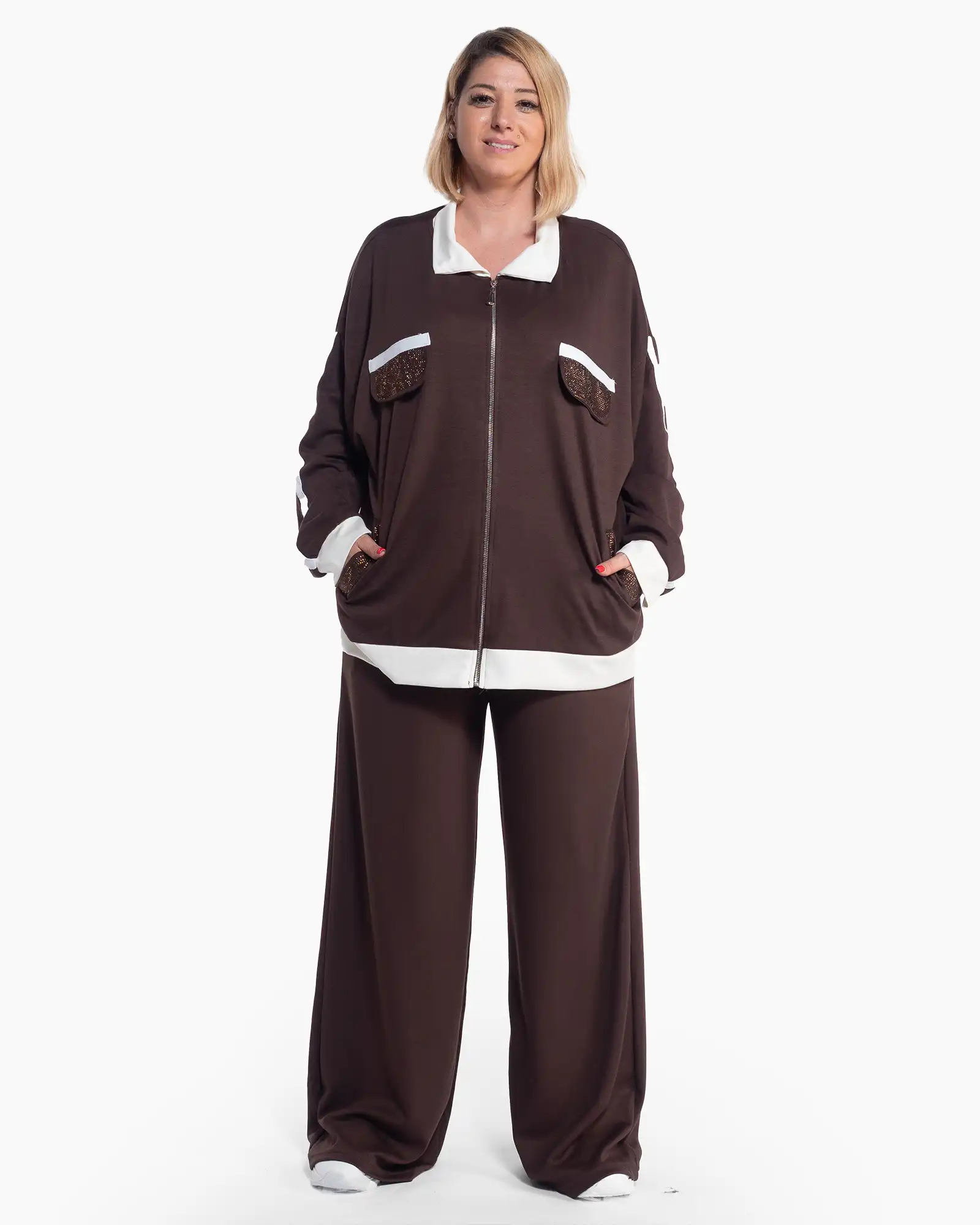 Compleuri - Compleu casual maro din bumbac cu design fluid și fermoar