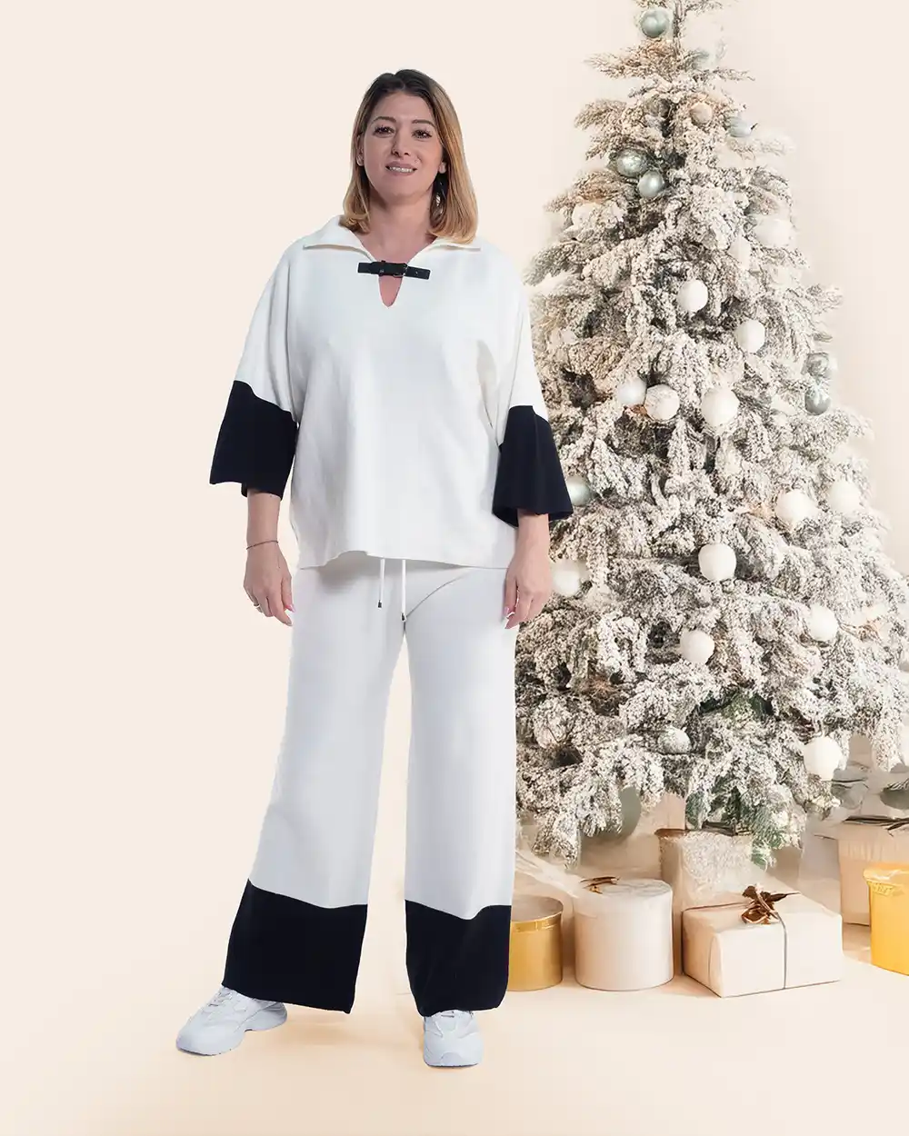 Îmbrăcăminte Damă - Compleu casual sport vâscoză moale alb cu bluză și pantaloni