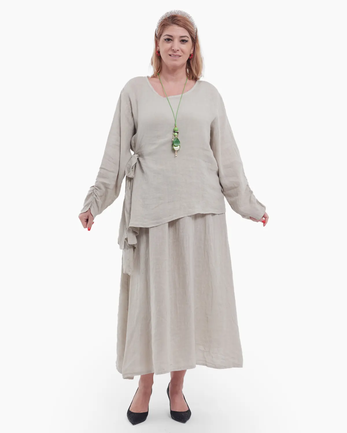 Rochii - Compleu damă din in indigo – rochie tip maieu și bluză asimetrică cu fundă elegantă