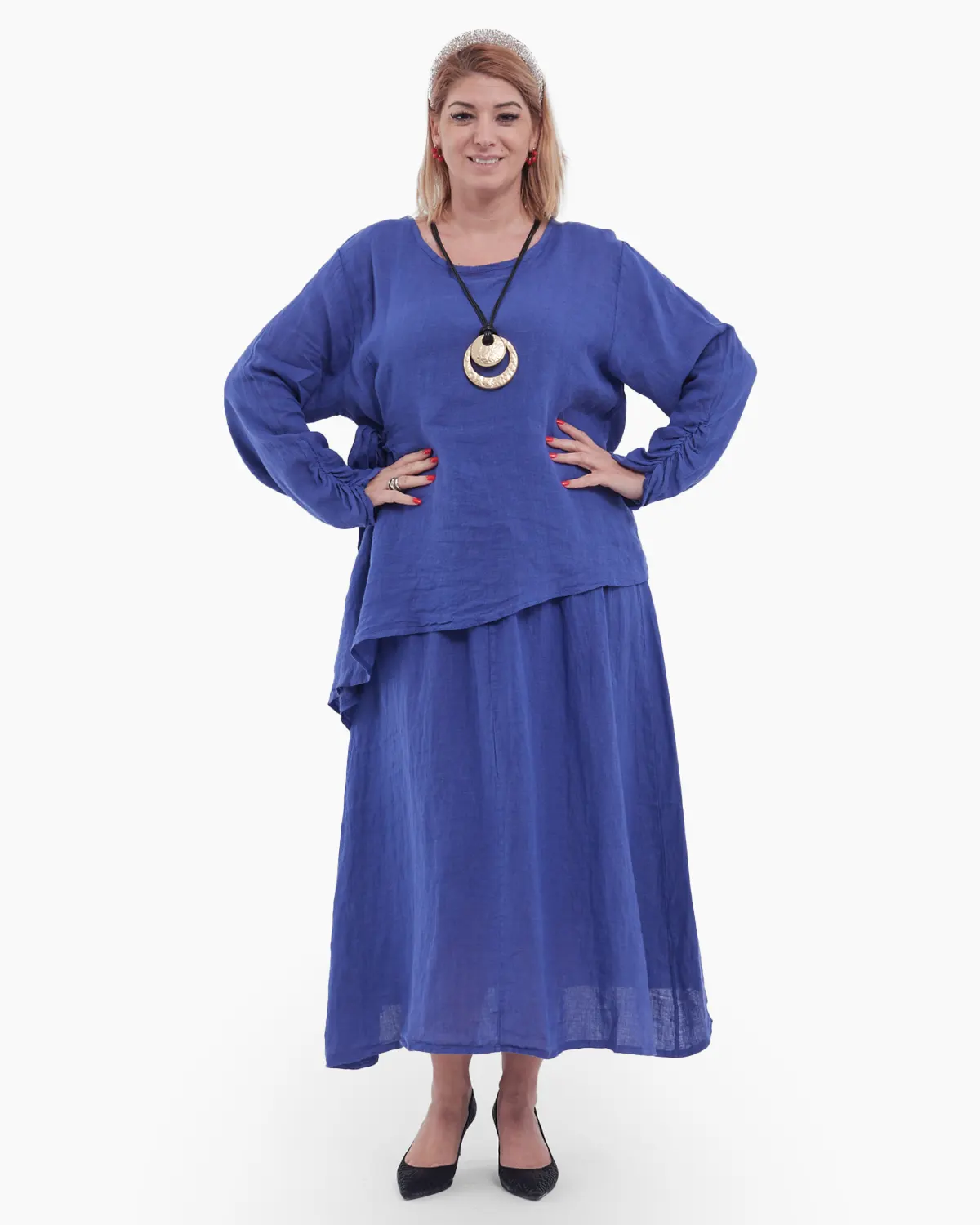 Rochii - Compleu damă din in indigo – rochie tip maieu și bluză asimetrică cu fundă elegantă