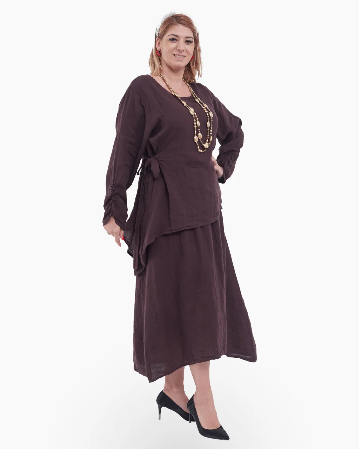 Compleu damă din in maro– rochie tip maieu și bluză asimetrică cu fundă elegantă [2]