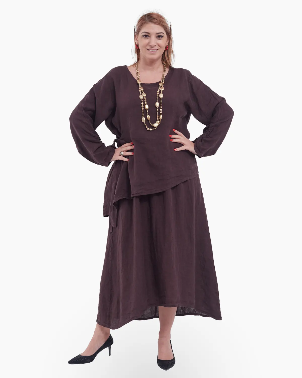 Rochii din In - Compleu damă din in maro– rochie tip maieu și bluză asimetrică cu fundă elegantă